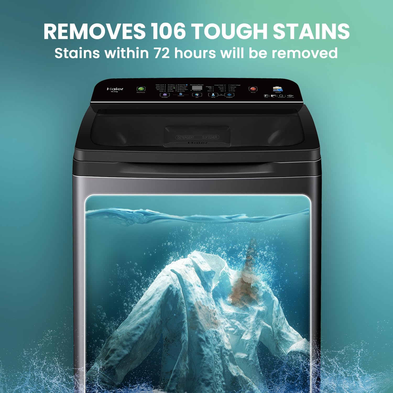 Haier 10.5 kg 5 Star Inbuilt Butterfly heater, Oceanus Wave Drum Washing Machine Fully Automatic Top Load (HWM105-H688BK,Black)