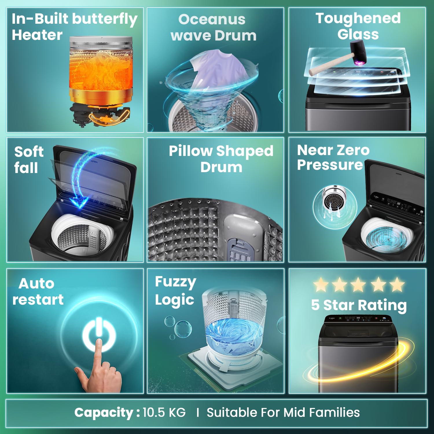 Haier 10.5 kg 5 Star Inbuilt Butterfly heater, Oceanus Wave Drum Washing Machine Fully Automatic Top Load (HWM105-H688BK,Black)