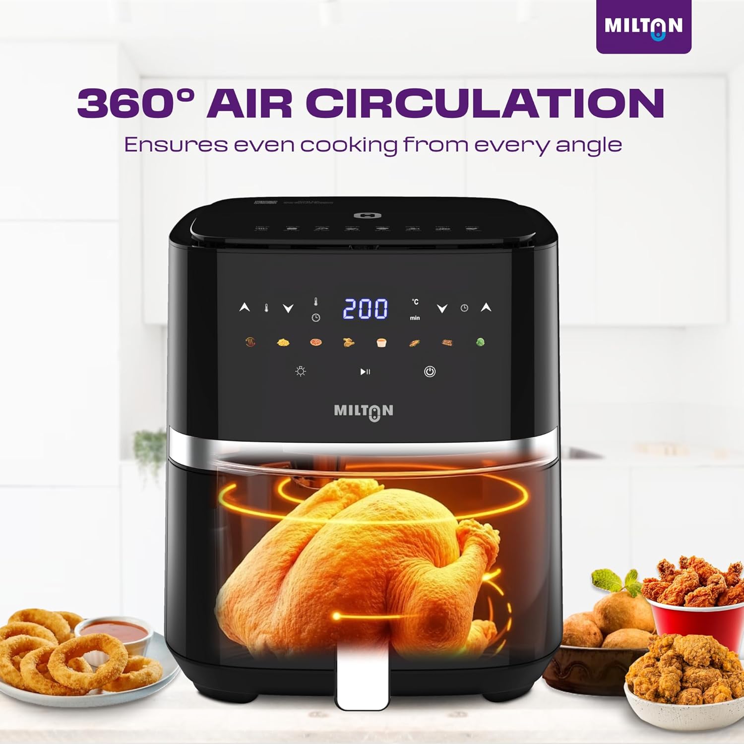 Milton Rapid Digital Air Fryer 5L | 1450W | 360° High Speed Air Circulation | Up to 90% Less Oil Usage | 8 Preset Menus | Touch Control Panel & Digital Display | Auto Shut-Off | 1 Year Warranty