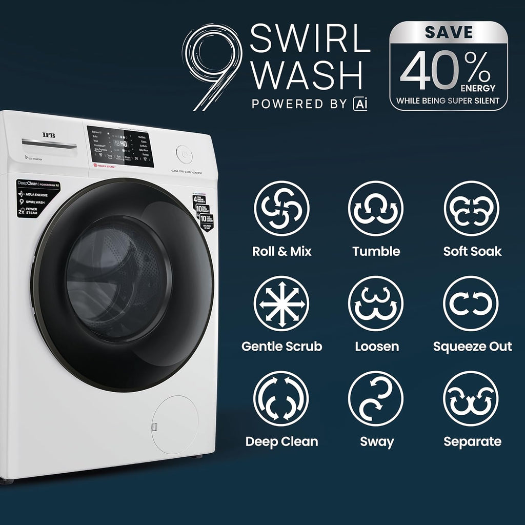 IFB 6.5 Kg 5 Star Powered by AI with 9 Swirl Wash, Fully Automatic Front Load Washing Machine (ELENA GXN 6510, Steam Refresh Program with Eco Inverter, Grey)