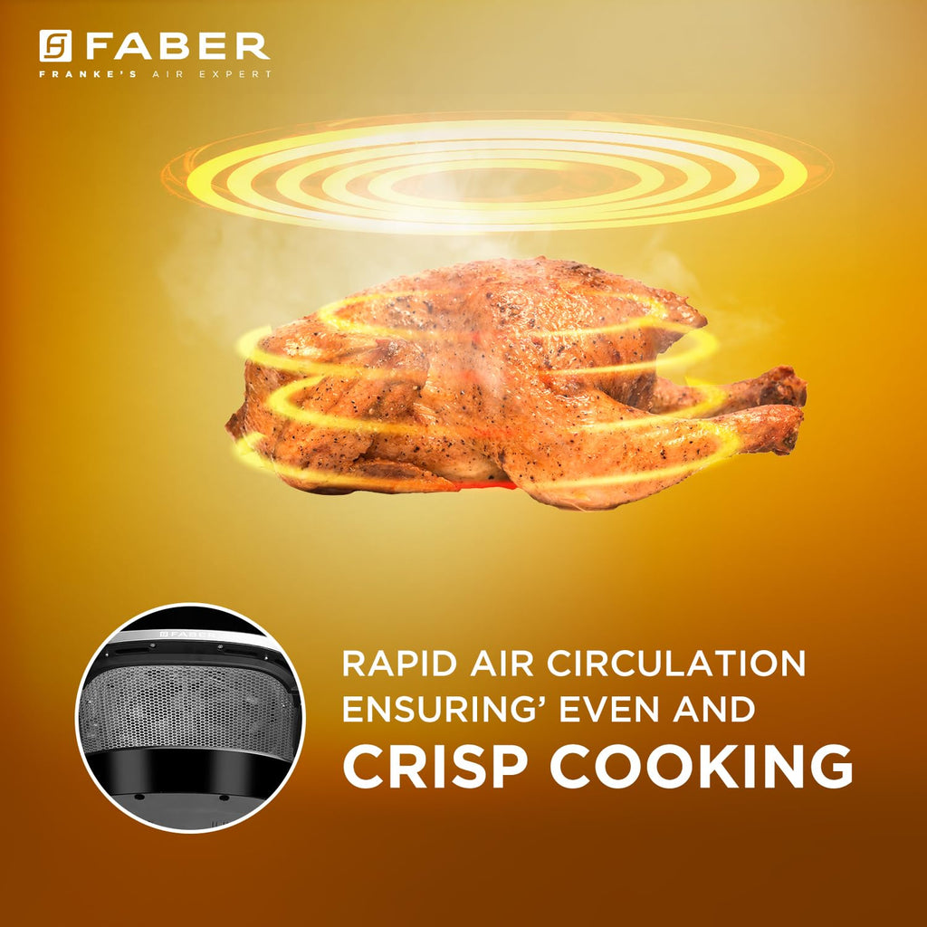 Faber 6L 1500W Digital Air Fryer | Fry, Bake, Roast, Toast, Defrost, Grill & Reheat | 85% Less Oil, 360° Air Cooking | 8-Preset Menu, LED Display & Touch Control, Non-Stick Pan, View Window | (Black)