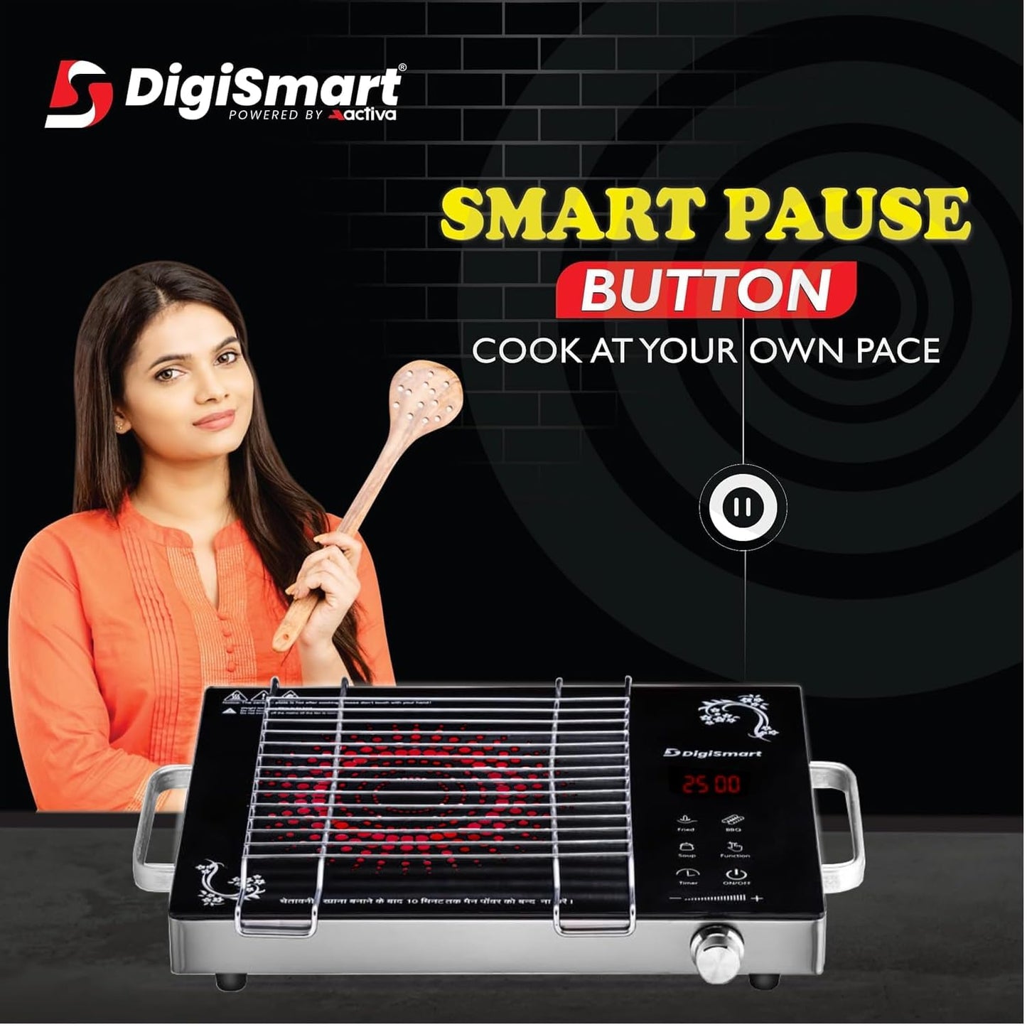 DIGISMART Emerald Induction 2500 Watts Stove with Grill Rack, Auto-Off Safety, 3 Cooking Modes, Works with All Cookware, Infrared Crystal Glass Top, Digital Soft Touch Controls, 1 Year Warranty-Black