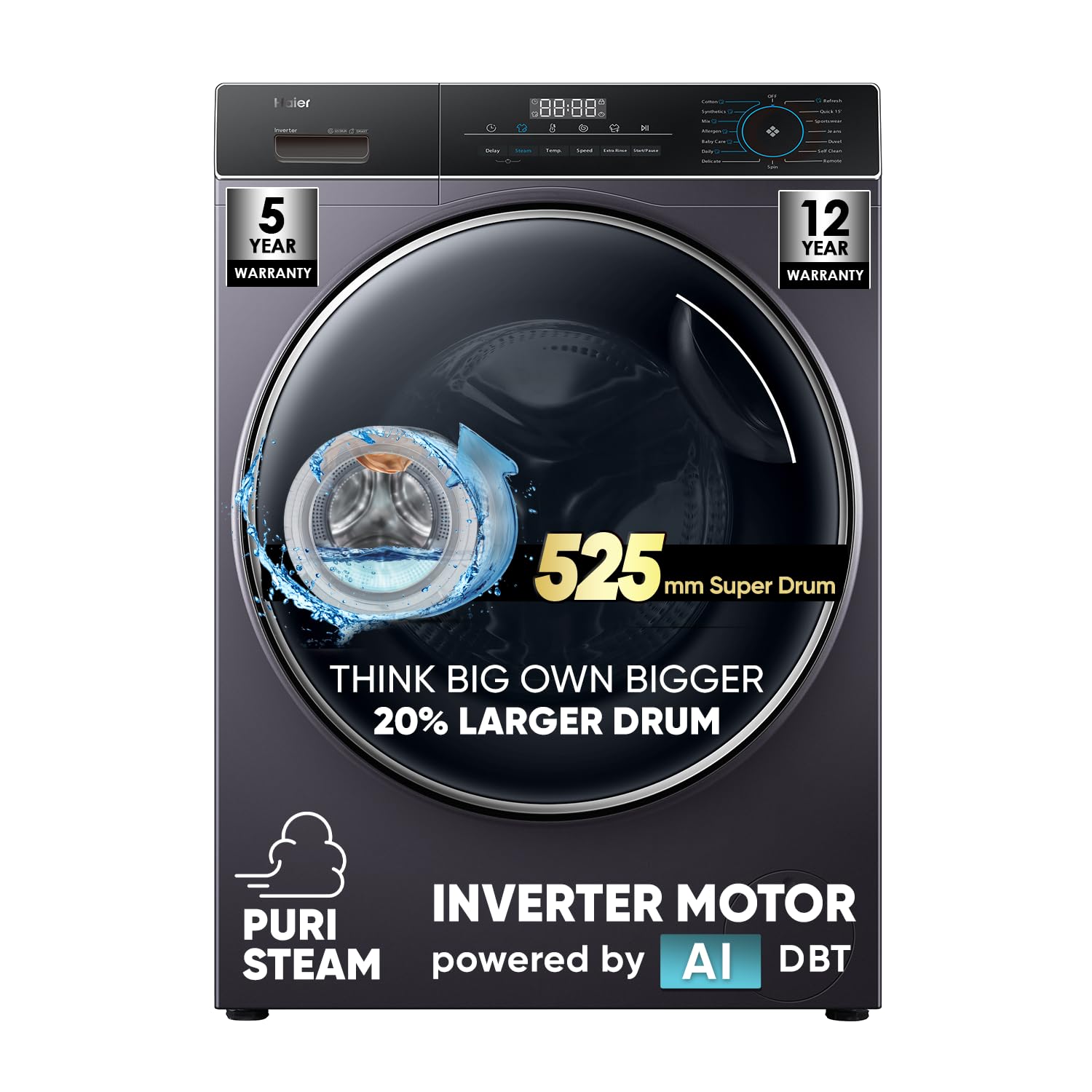 Haier 9 Kg 5 Star Powered by AI-DBT with Direct Drive Technology, PuriSteam, 525mm Super Drum Fully Automatic Front Load Washing Machine (EFL90-DM14IBIEBK,In-Built Heater,Steel Drum,Black)