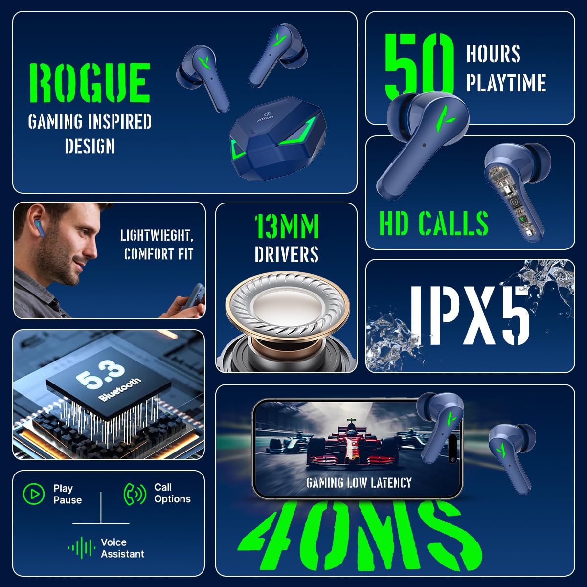 pTron Bassbuds Rogue W/ 40Ms Low-Latency Gaming,Clear Calls,50Hrs Playtime,Pristine Sound,V5.3 Bluetooth in Ear Headphones,Snug-Fit,RGB Lights,Touch Control,Voice Assist,IPX5 Water Resistant(Blue)