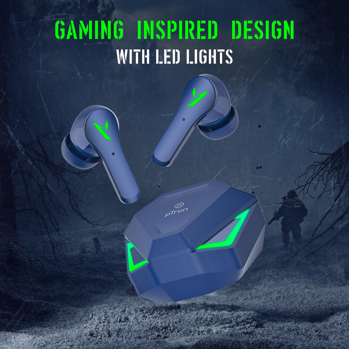 pTron Bassbuds Rogue W/ 40Ms Low-Latency Gaming,Clear Calls,50Hrs Playtime,Pristine Sound,V5.3 Bluetooth in Ear Headphones,Snug-Fit,RGB Lights,Touch Control,Voice Assist,IPX5 Water Resistant(Blue)