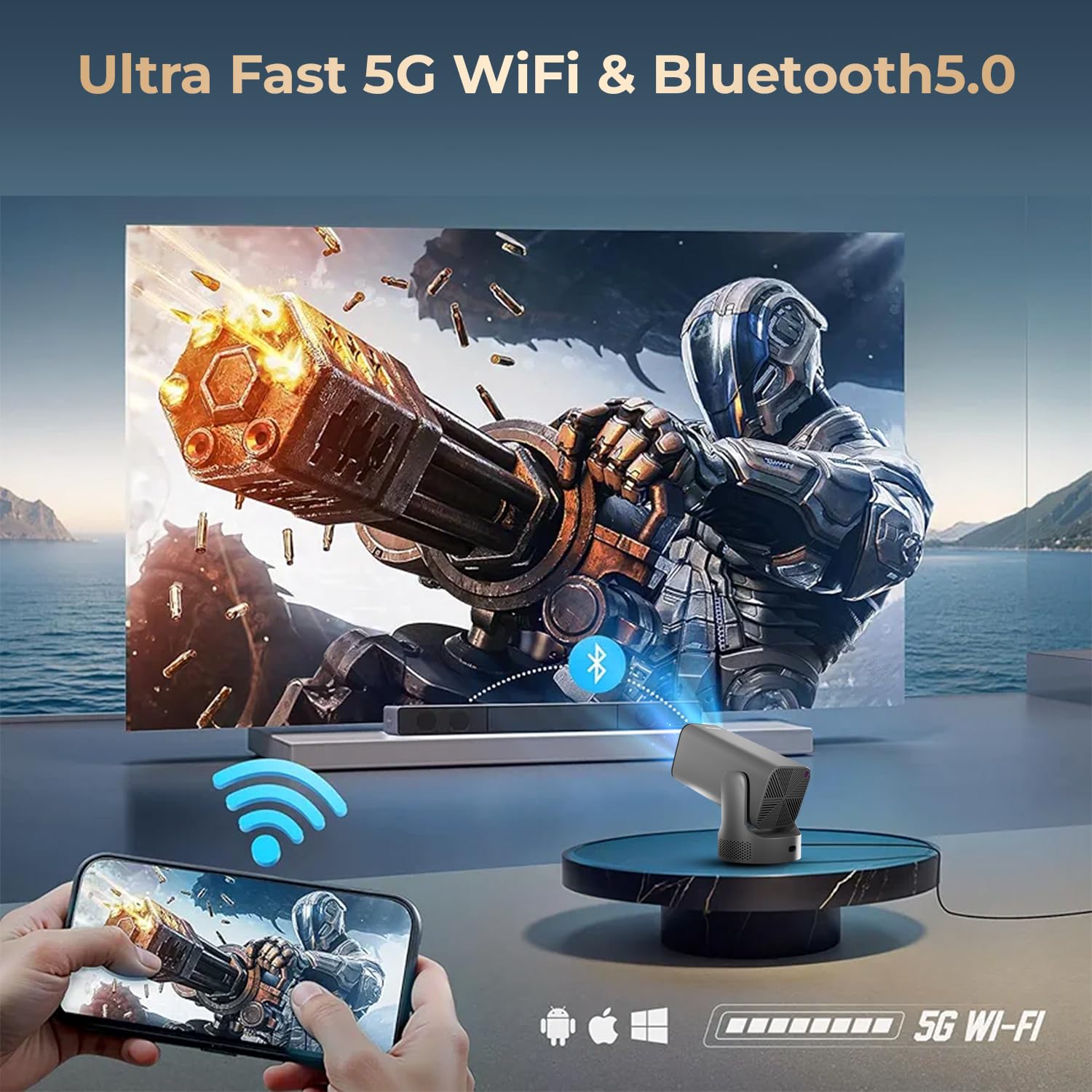 WZATCO Yuva Go Max, Android 13, Fully Automatic, Smart Home Projector 4k Ultra HD, Native 1080P, Live TV, HDMI ARC, WiFi 6 & BT, Screen Mirroring, Portable Room Cinema, 270° Rotate, Grey