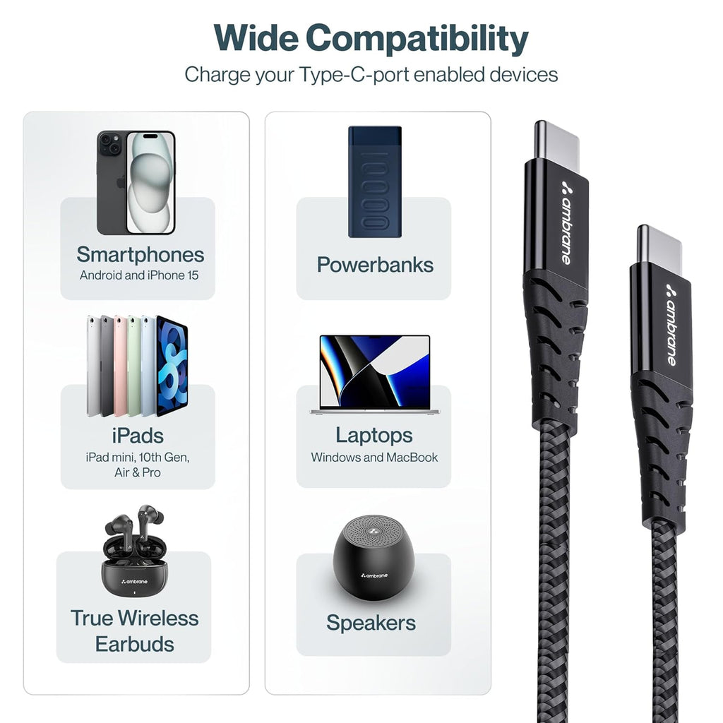 Ambrane Unbreakable 60W Fast Charging 1.5M Braided Type C to Type C Cable for Smartphones, Tablets, Laptops & Other Type C Devices, PD Technology, 480Mbps Data Sync (RCTT15, Black)