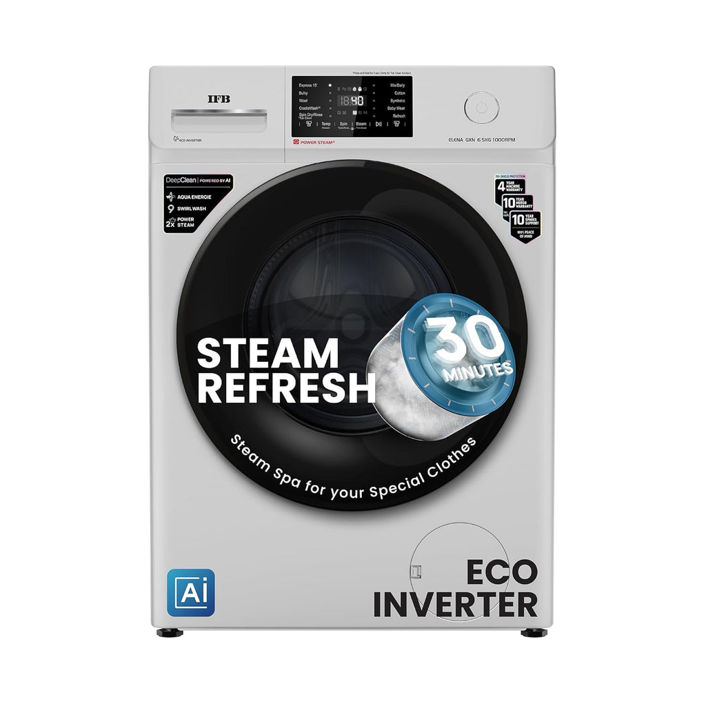 IFB 6.5 Kg 5 Star Powered by AI with 9 Swirl Wash, Fully Automatic Front Load Washing Machine (ELENA GXN 6510, Steam Refresh Program with Eco Inverter, Grey)