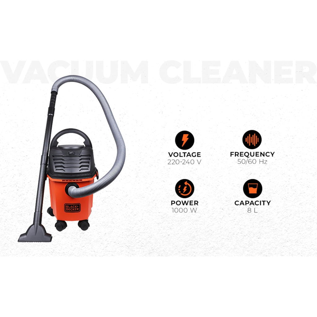 BLACK+DECKER BDWD08-B1 Wet and Dry Vacuum Cleaner with Cannister Body, 1000 W, Powerful Suction, 8L Capacity, 220V Vacuum Cleaner for Home Use, 1 Year Manufacturer Warranty(Red/Black)