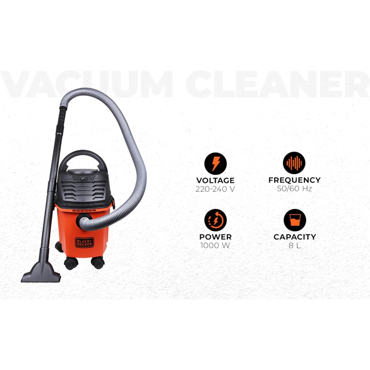 BLACK+DECKER BDWD08-B1 Wet and Dry Vacuum Cleaner with Cannister Body, 1000 W, Powerful Suction, 8L Capacity, 220V Vacuum Cleaner for Home Use, 1 Year Manufacturer Warranty(Red/Black)