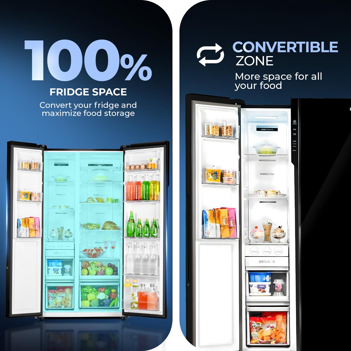 Haier 602L 3Star 2 Door Premium Glass Door Side by Side Frost Free Refrigerator|Convertible|Smart Sense AI|Expert Inverter|Digital Display Panel|Deo Fresh Technology (HRS-682KGU1, Black Glass)