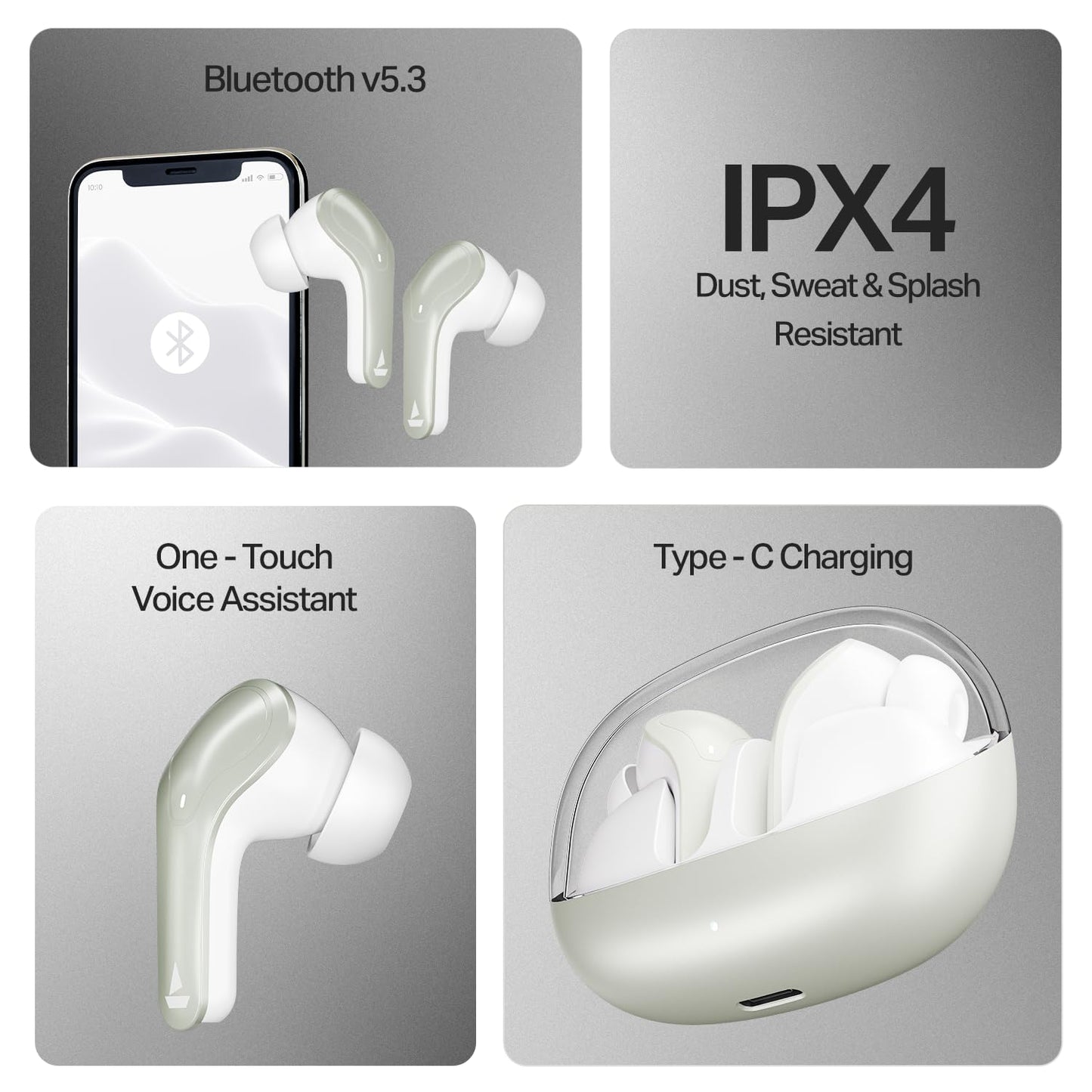 boAt Airdopes Plus 311 (2025 Launch), Glass Design, Dual Mics ENx, Fast Charge, 50 Hrs Battery, Low Latency, IPX4, Bluetooth Earbuds, TWS Ear Buds Wireless Earphones with mic (Ash Grey)