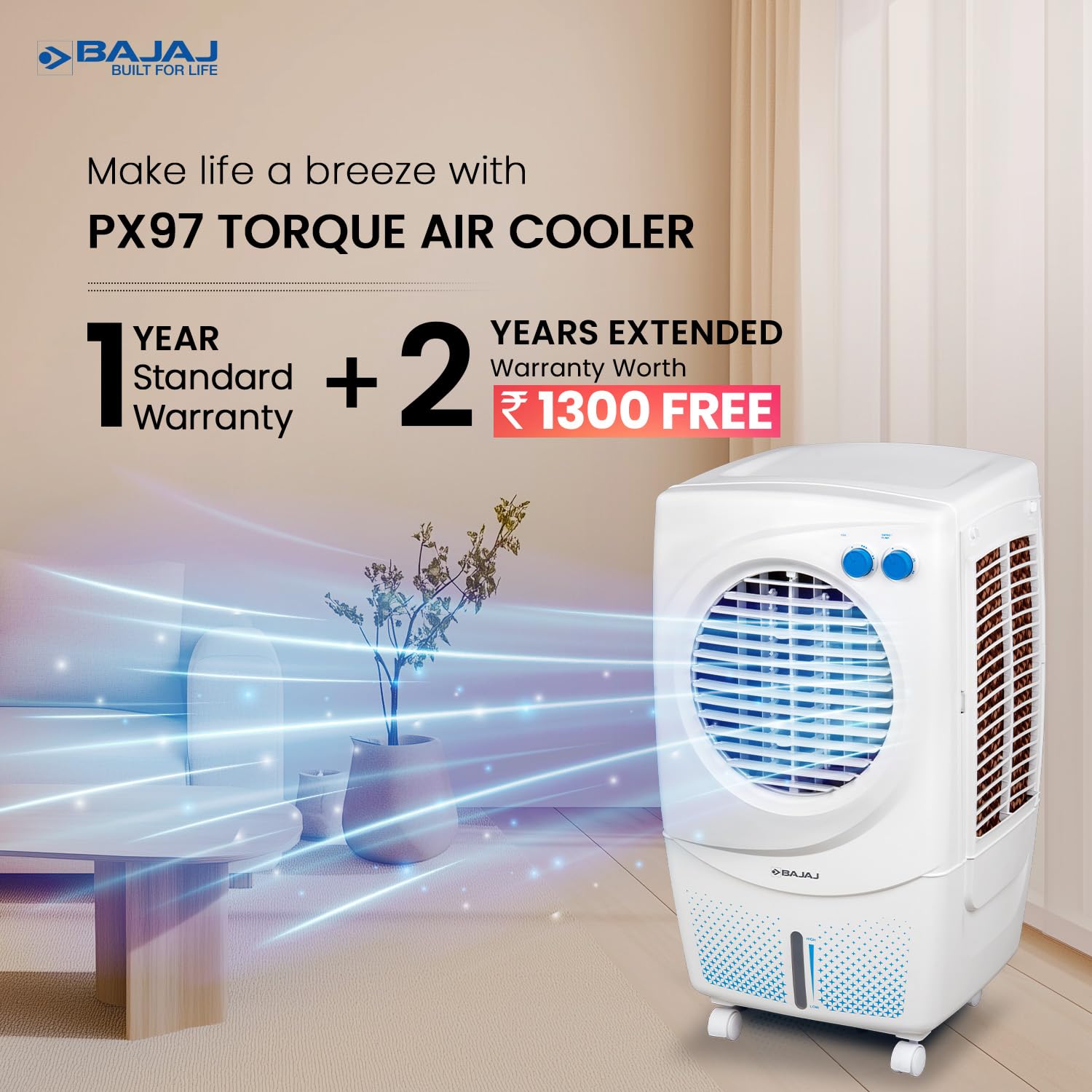 Bajaj PX97 Torque New 36L Personal Air Cooler For Home | High Speed Fan | 30Ft Powerful Air Throw | Inverter Compatible | Cooler For Room | 3 Yrs (1 Yr Standard + 2 Yrs Extended) Warranty【White】