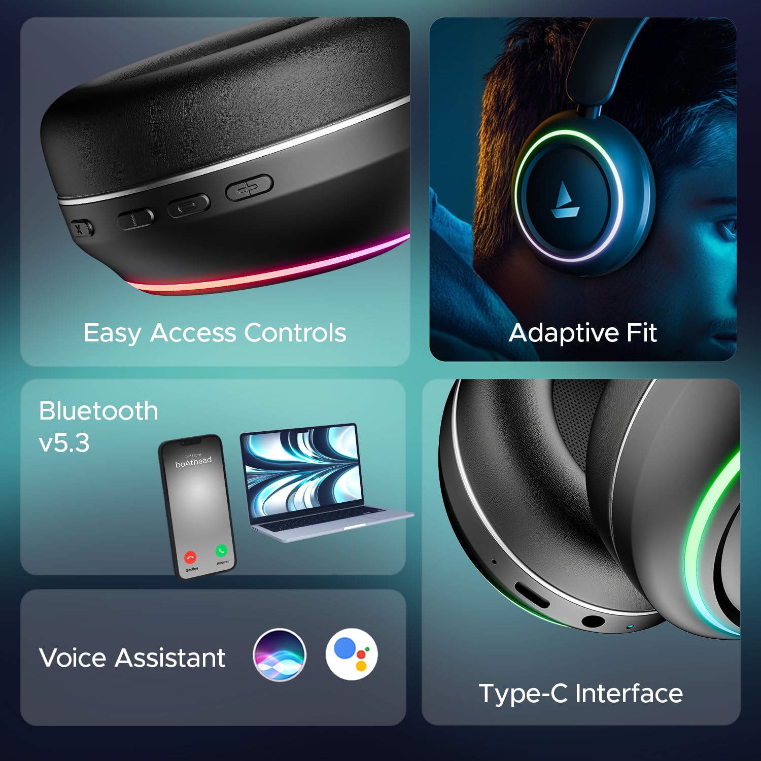 boAt Rockerz 480 W/RGB LEDs, 6 Light Modes, 40Mm Drivers, Beast Mode, 60Hrs Playback, Enx Tech, BT V5.3, Adaptive Fit & Easy Access Controls, Bluetooth Over Ear Headphones(Black Sabre)