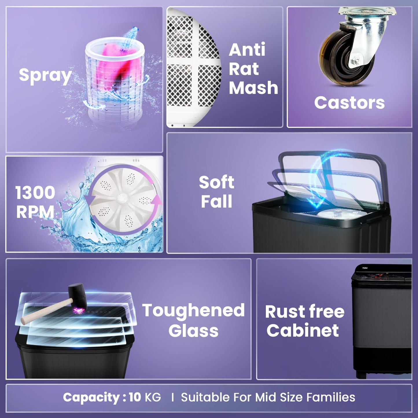 Haier 9 kg 5 Star Toughened Glass & Vortex pulsator Semi Automatic Top Load (HTW90-178FL,Black)