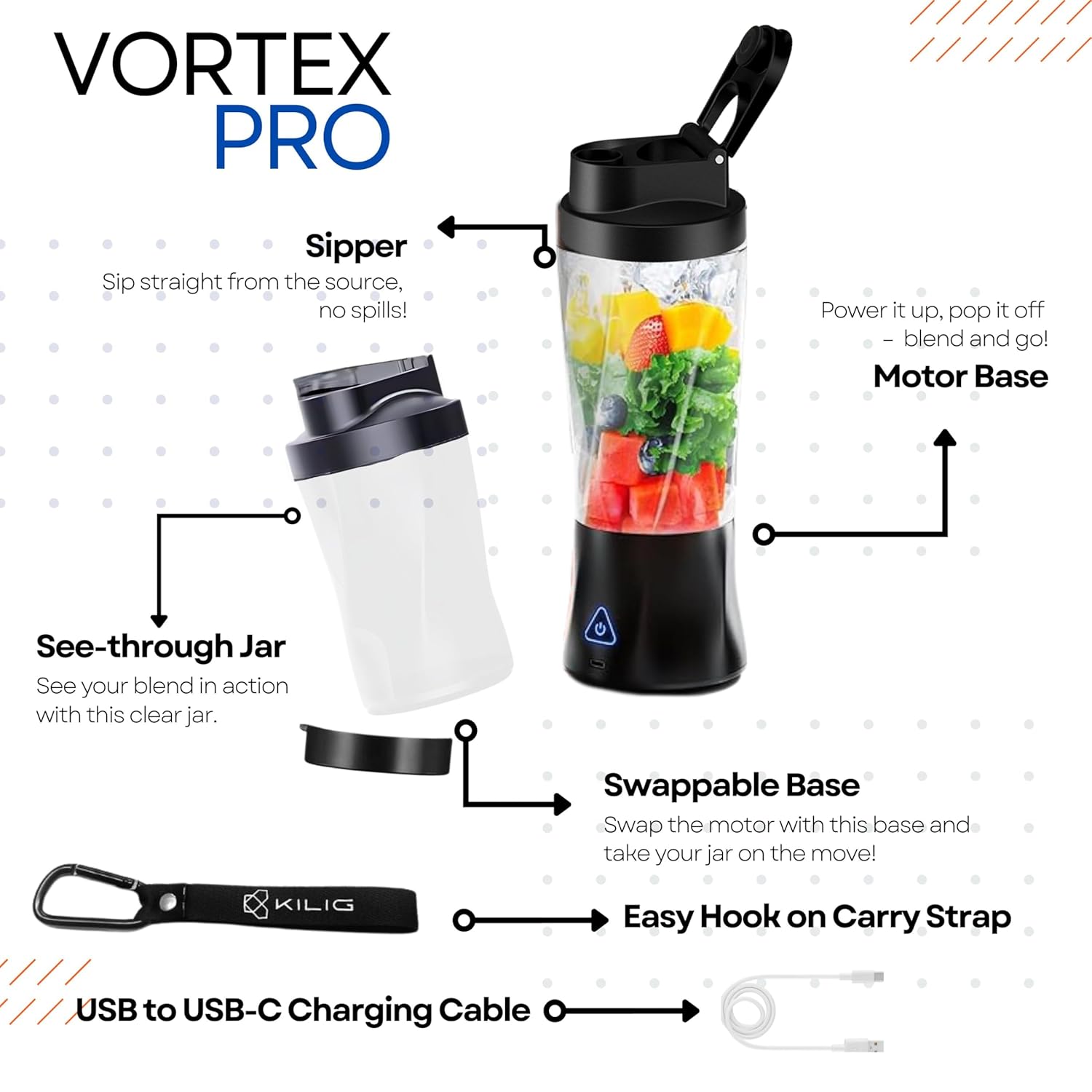 Kilig Vortex Pro 360W Dual Mode Portable Blender for Smoothie and Juices, 6000 mAh Battery, 2in1 700ml Jar, 22000RPM, 6 Sided Blade, USB Type C, Juicer, Mixer, Blender Machine for Kitchen - BT