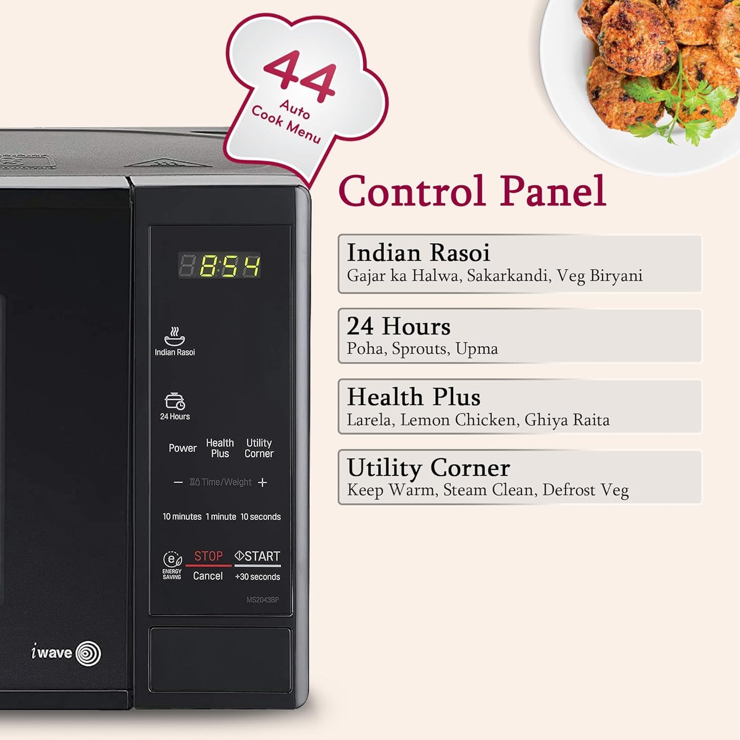 LG 20 L Solo Microwave Oven (MS2043BP, Black, Health plus Menu, I-Wave Technology, Indian Cuisine, Even Reheat & Defrost, Auto Cook Menu, Anti-Bacterial Cavity & Steam Clean)