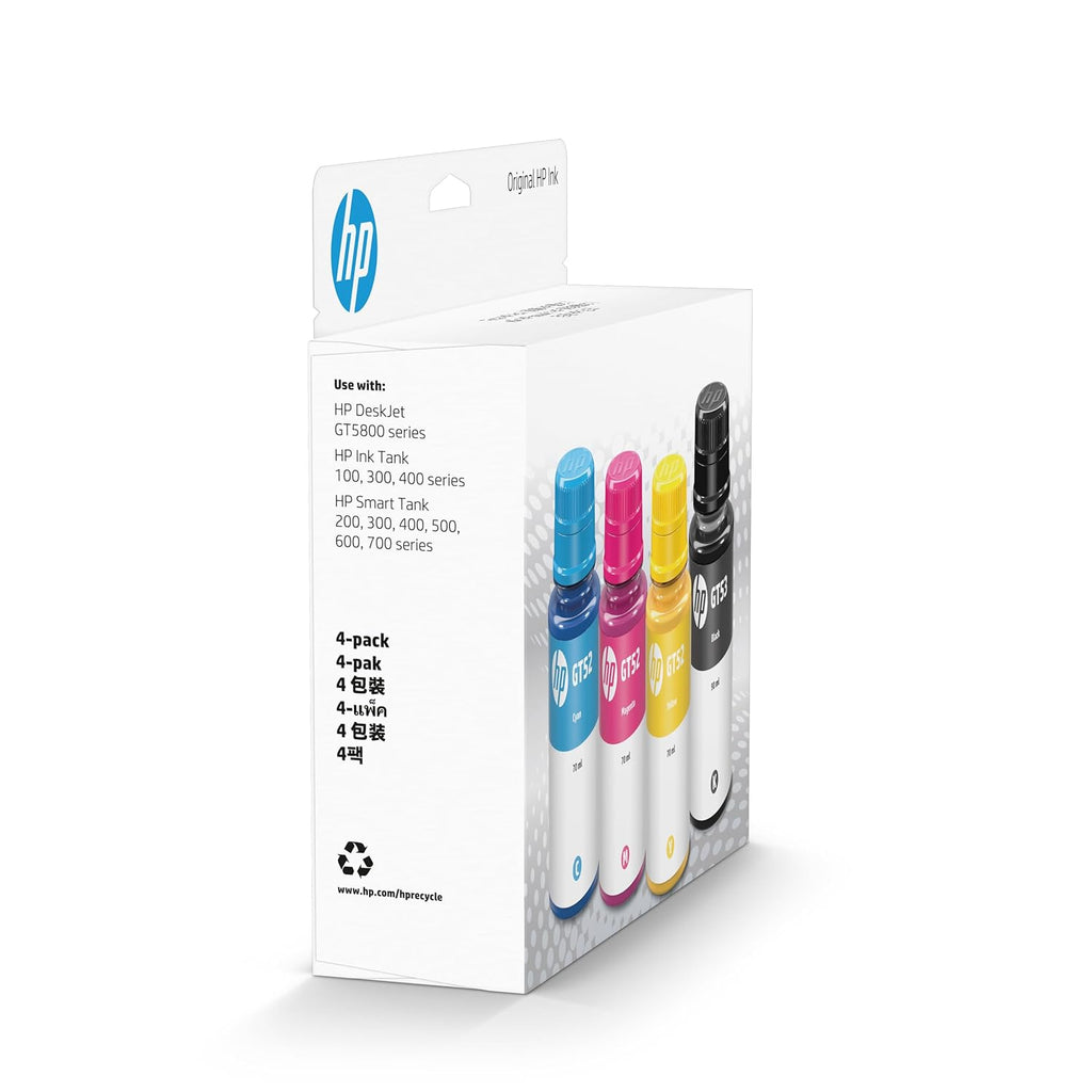 HP GT52 CMY/GT53XL Blk Ink Bottle 4-Pk, Multi-Color Pack, Black