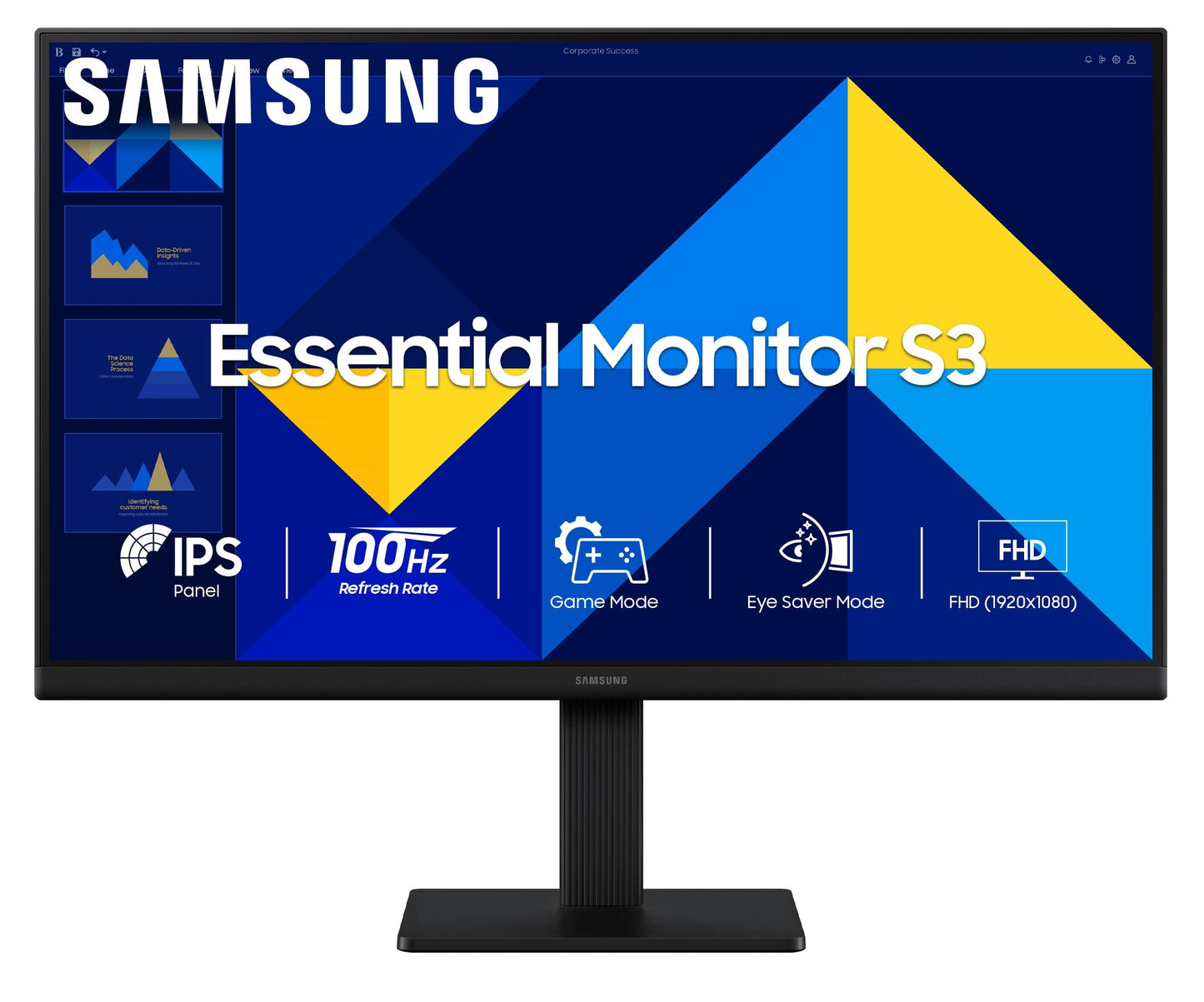 Samsung 24" (60.5 cm) S3 Flat Monitor|Super Slim Borderless Design|IPS Panel|FHD 1920 x 1080|100 Hz|5 ms|Ports-HDMI,VGA|Game Mode|Eye Saver Mode||Wall Mountable|LS24D300GAWXXL|Black