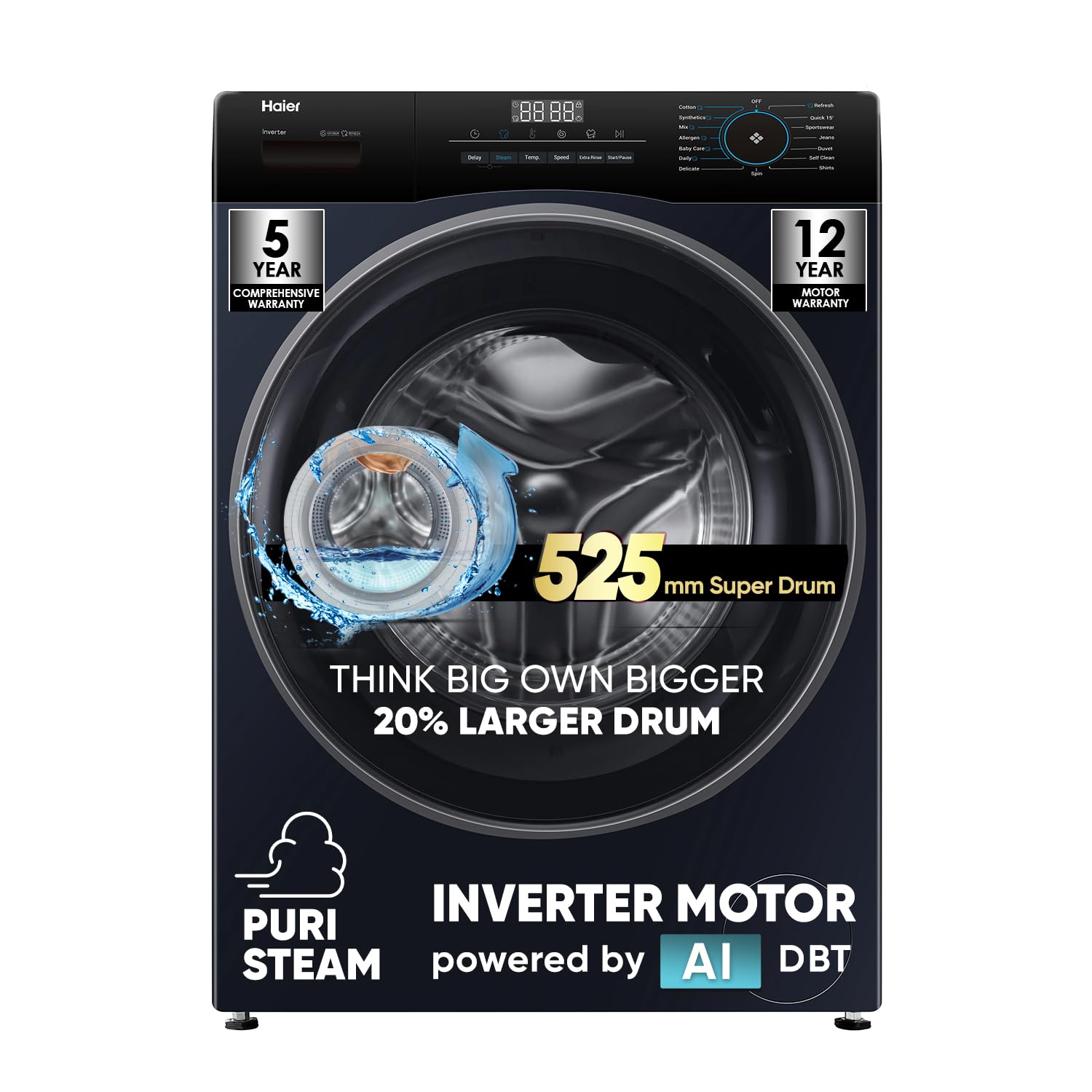 Haier 8 Kg Frontload with 525 Super drum, Refresh, AI DBT and 5 Star rating (HWM80-IM12929EBK)