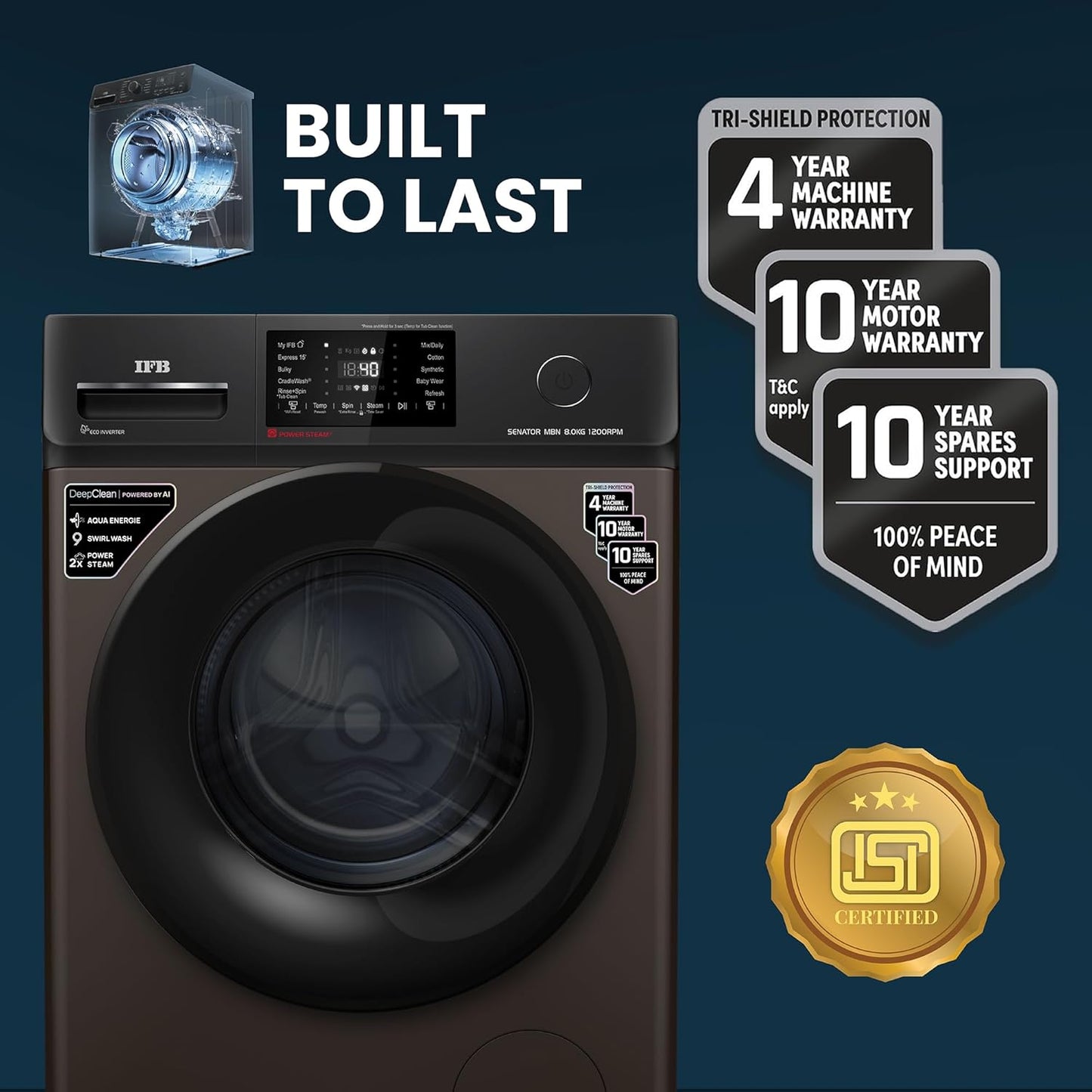 IFB 8 Kg 5 Star Powered by AI with 9 Swirl Wash, WiFi, Fully Automatic Front Load Washing Machine (Senator MBN 8012, Steam Refresh Program with Eco Inverter, Mocha)