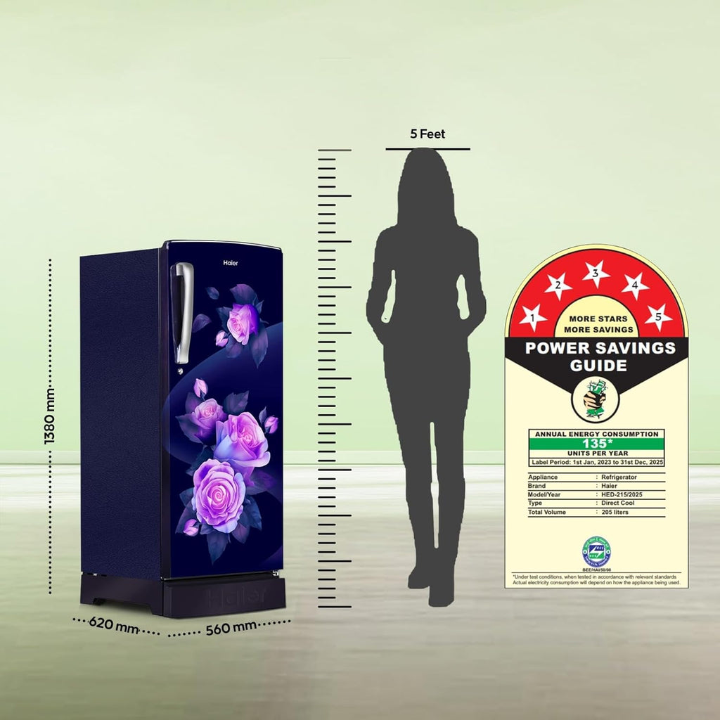 Haier 205 L, 5 Star, Direct-Cool Single Door Refrigerator with Base Stand (HED-215MRB-N, Marine Rose, Base Stand Drawer)