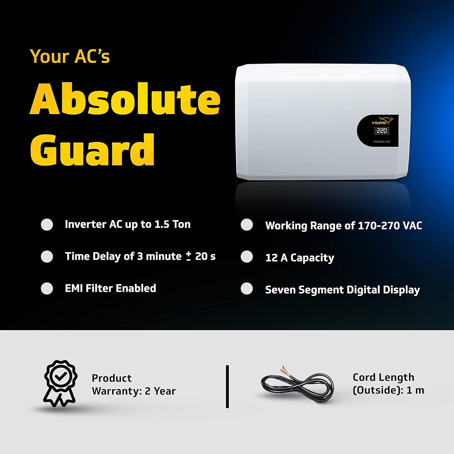 V-Guard iMagno 410 AC Stabilizer for 1.5 ton Inverter AC | Digital Display| Intelligent Time Delay System | Energy Efficient Design | 2 Year Warranty by V-Guard | White (Working Range 170-270 VAC)