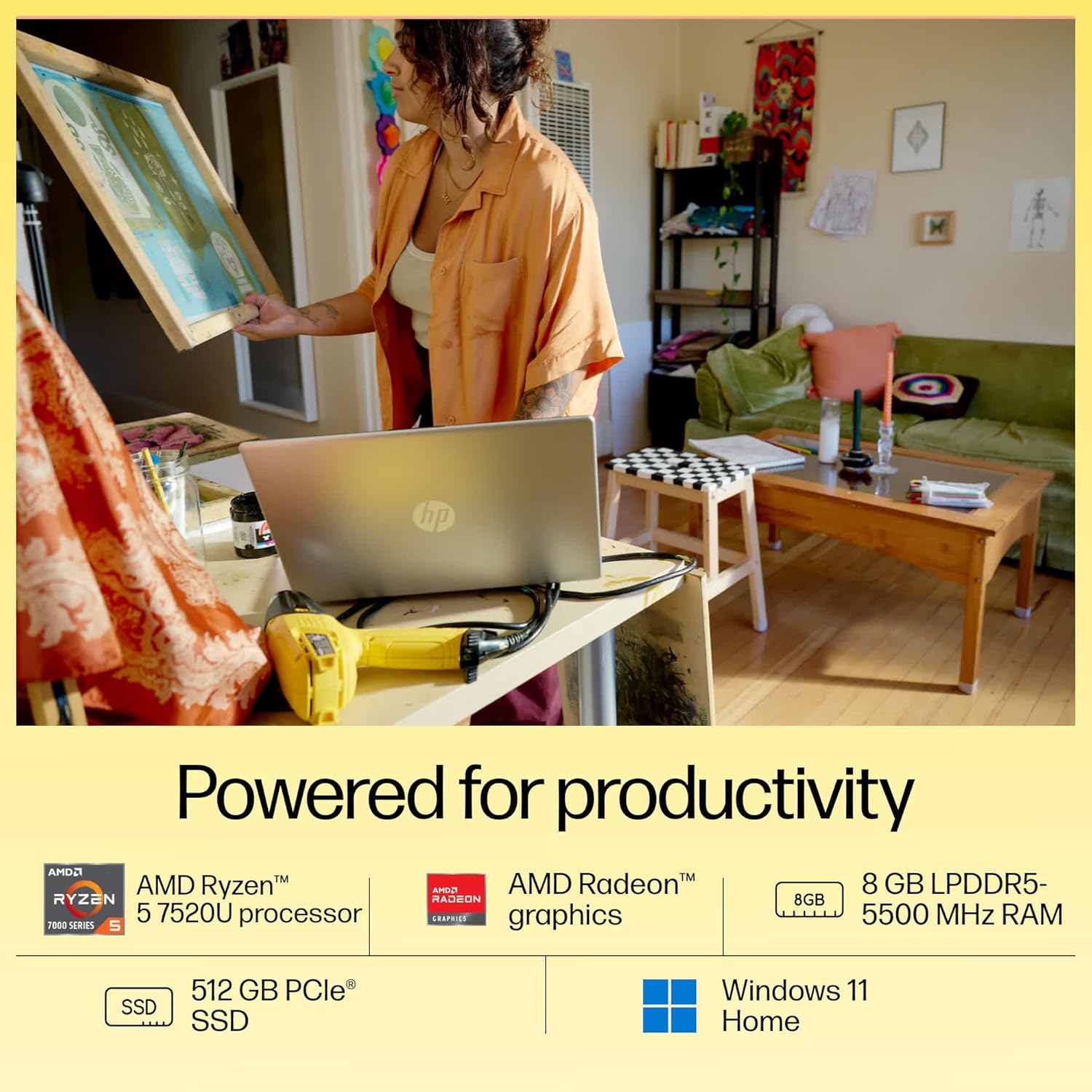 HP 15, AMD Ryzen 5 7520U (8GB LPDDR5, 512GB SSD) Anti-Glare, FHD,15.6-inch (39.6 cm) Win 11, Office 21, FHD Camera with Privacy Shutter,15s-fc0155AU