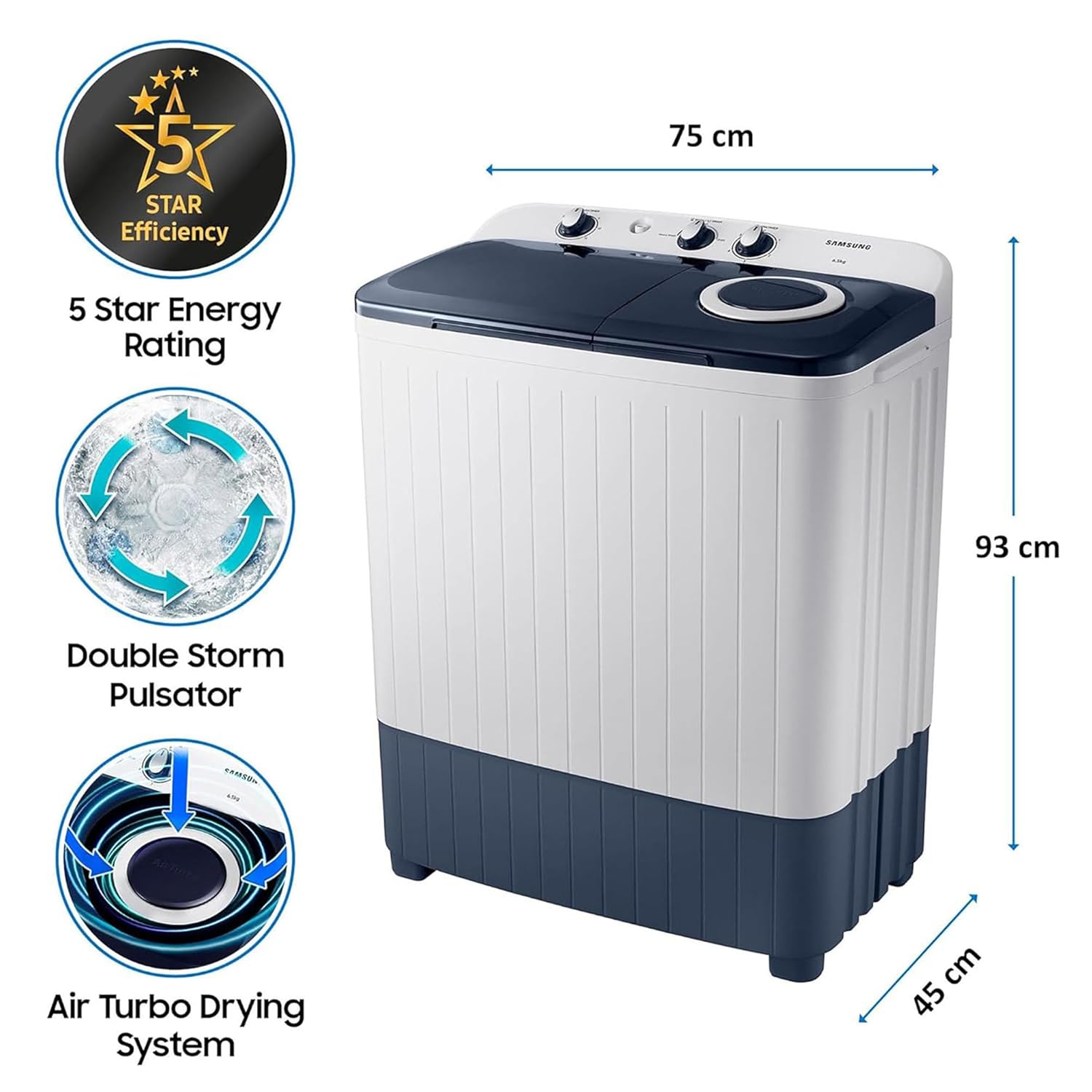 Samsung 6.5 kg, 5 star, Semi-Automatic Top Load Washing Machine (WT65R2200LL/TL, Air Turbo Drying, LIGHT GRAY, 5 Year Warranty on Wash Motor)
