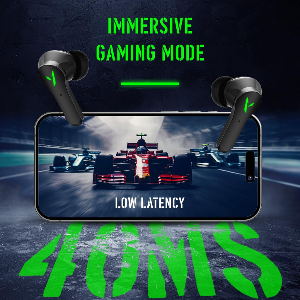 pTron Bassbuds Rogue W/ 40Ms Low-Latency Gaming,Clear Calls,50Hrs Playtime,Pristine Sound,V5.3 Bluetooth in Ear Headphones,Snug-Fit,RGB Lights,Touch Control,Voice Assist,IPX5 Water Resistant(Black)