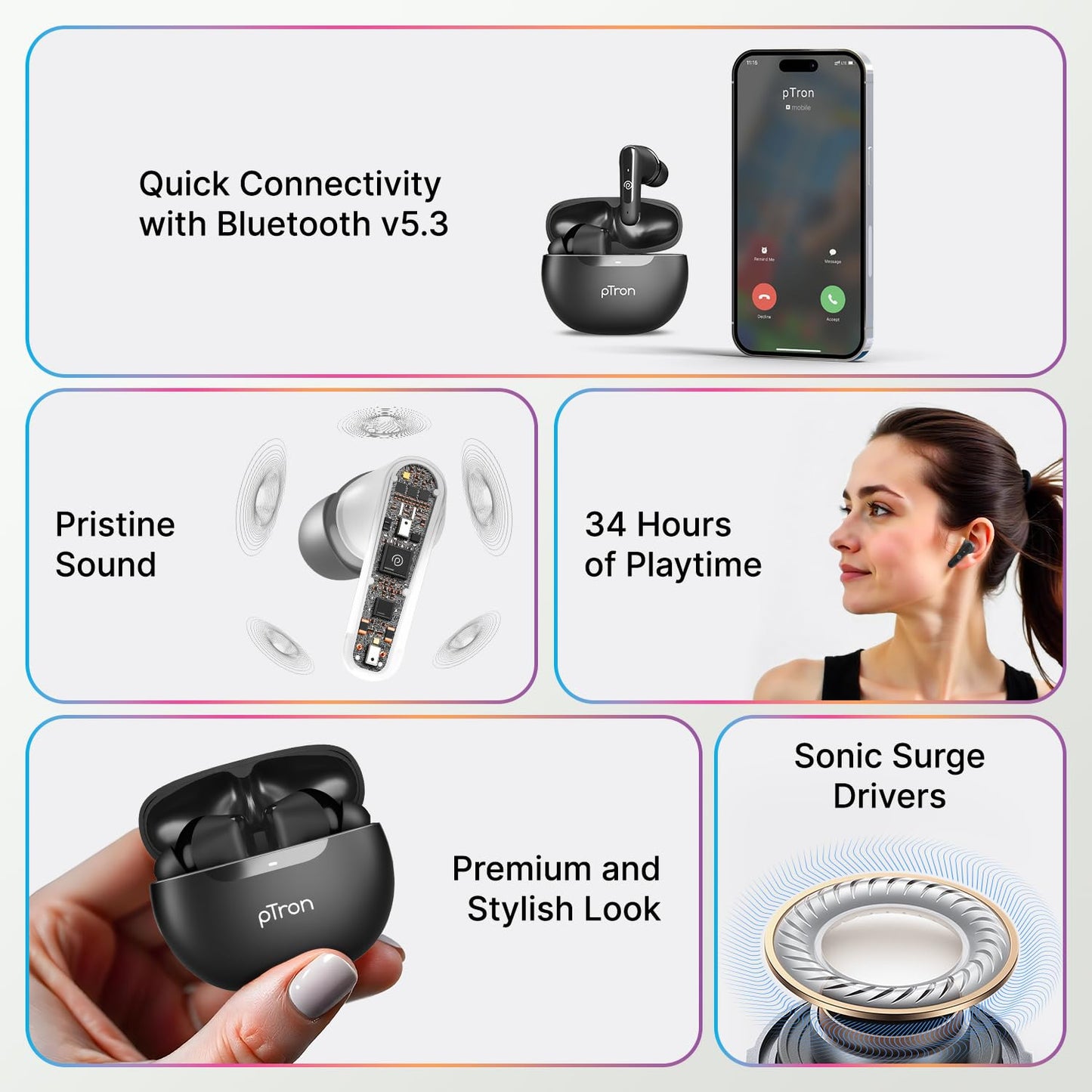 pTron Bassbuds Astra in-Ear TWS Earbuds with Stereo Sound, 34Hrs Playtime, Stereo Calls, Bluetooth V5.3 Headphones with Quick Pairing, Touch Control, Voice Assistant, Type C Charging & IPX4 (Black)