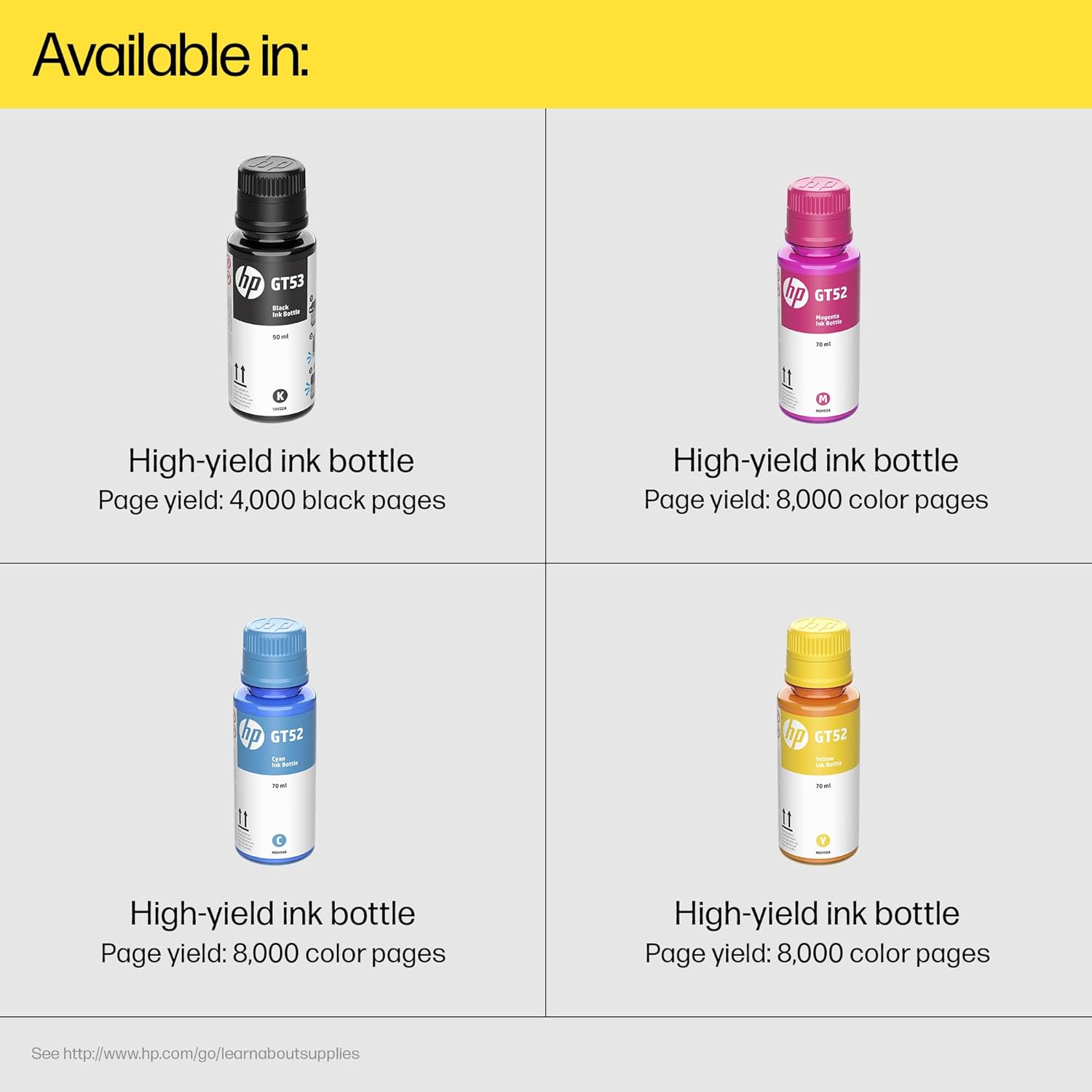 HP GT52 CMY/GT53XL Blk Ink Bottle 4-Pk, Multi-Color Pack, Black
