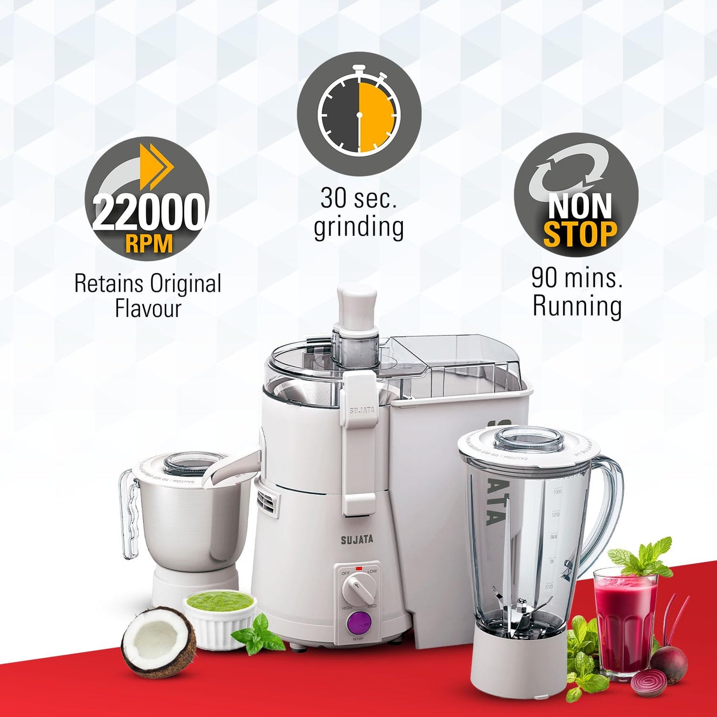 Sujata Powermatic Plus 900 Watts Juicer Mixer Grinder | 22000 Rotations Per Min | 90 Minutes Continuous Running | 2 Versatile Jars 1750 ml and 1000 ml