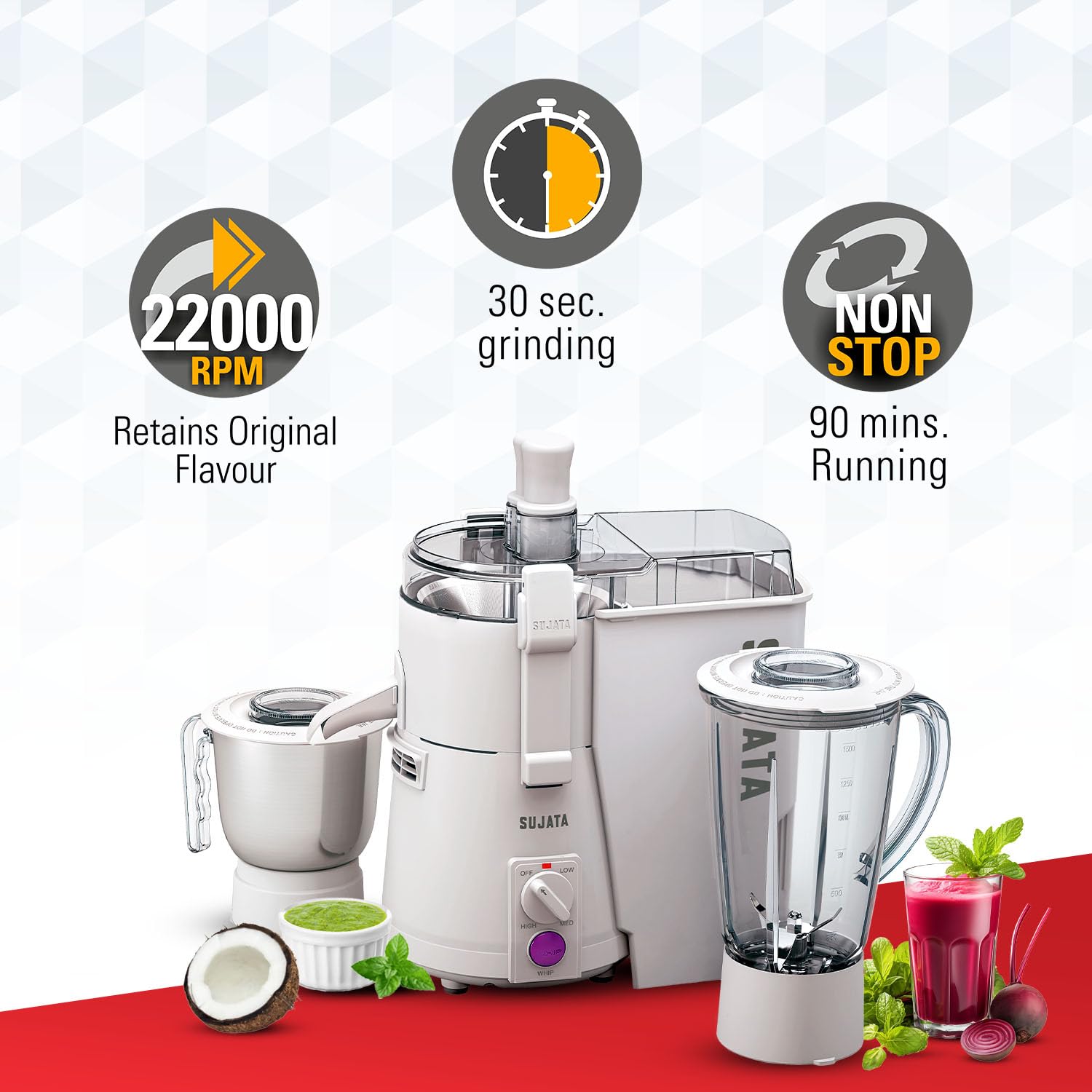 Sujata Powermatic Plus 900 Watts Juicer Mixer Grinder | 22000 Rotations Per Min | 90 Minutes Continuous Running | 2 Versatile Jars 1750 ml and 1000 ml