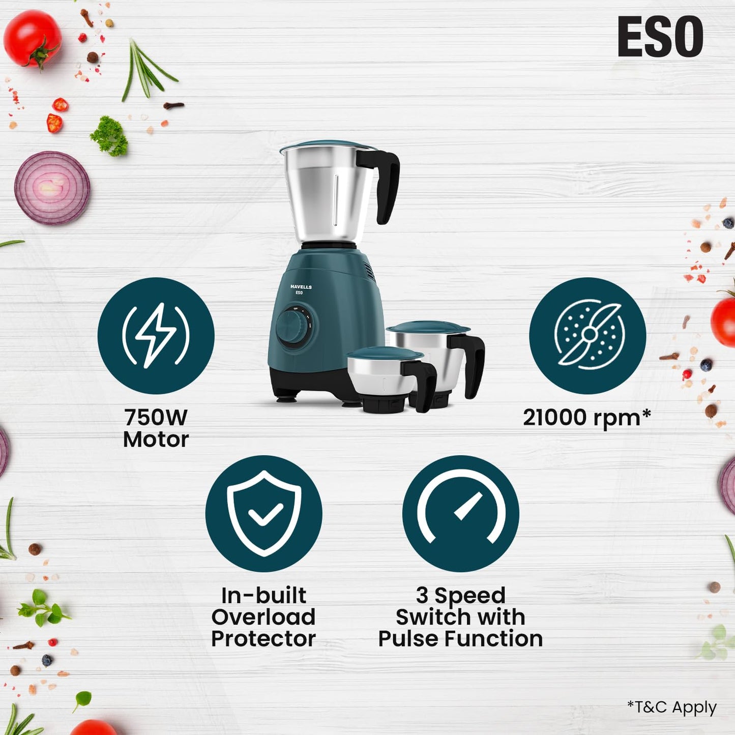 Havells ESO 750 Watt Mixer Grinder | 3 Stainless Steel Jars with Handles | 304 Rust-Resistant SS Blades | 21000 RPM High-Speed Motor | 5-Year Motor Warranty | Heavy-Duty Mixie (Teal)