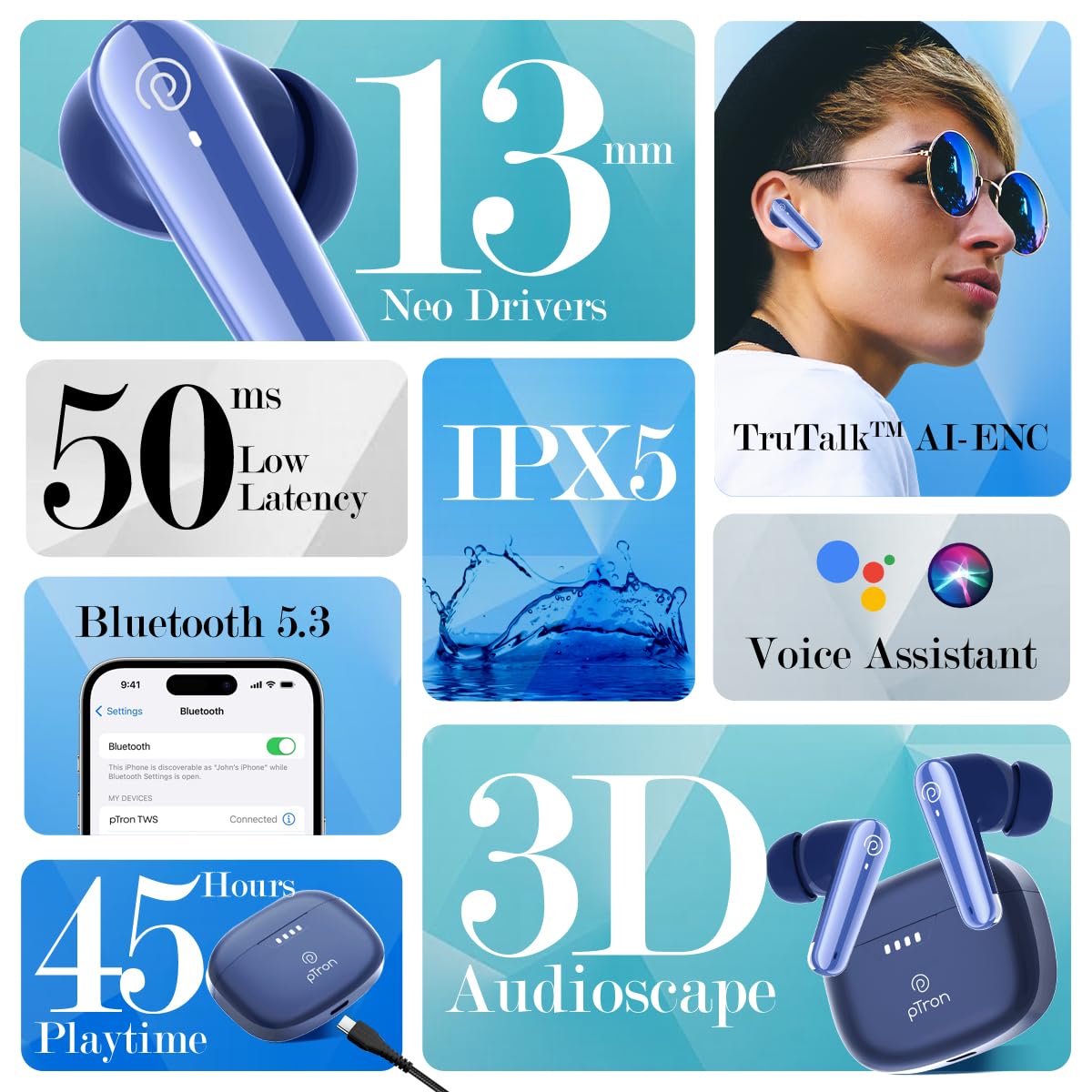 pTron Newly Launched Bassbuds Prism TWS Earbuds with 3D AudioScape, 45Hrs Playtime, TruTalk AI-ENC Calls, 50ms Low Latency Sync, BT5.3, Type-C Fast Charging, Voice Asst. & IPX5 Water Resistant (Blue)