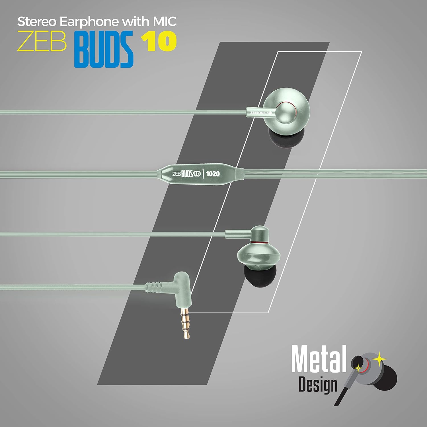 Zebronics Zeb-Buds 10 (Green) In Ear Wired Earphones with Mic, Metallic Design, L Shaped Connector, 13.5mm NdFeb Drivers