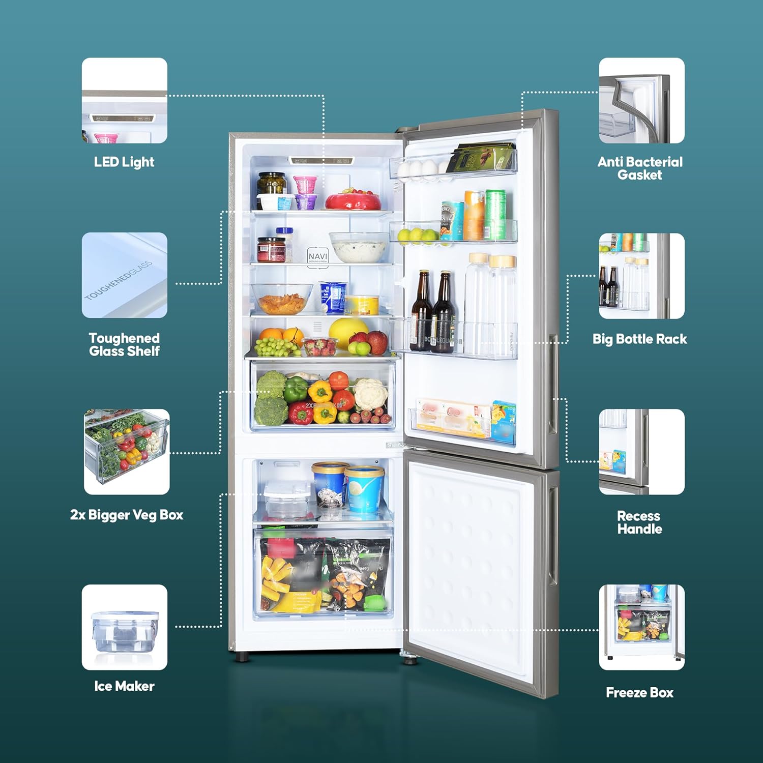 Haier 237 L, 2 Star, 8 In 1 Convertible, Frost Free Double Door Bottom Mount Refrigerator (HEB-242GS-P, Moon Silver)