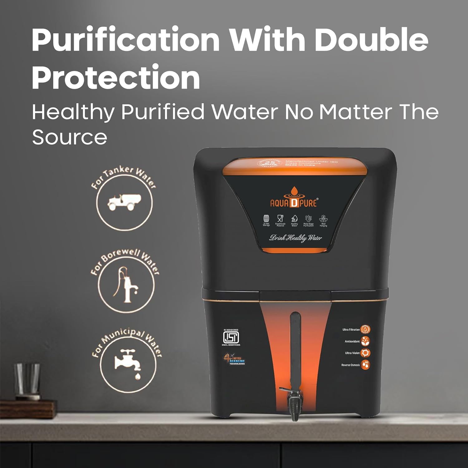 AQUA D PURE Copper + Alkaline RO Water Purifier 12L RO+UV+UF Copper+Bio-Alkaline +TDS Control+UV Purified Water with Goodness of RO Water Purifier, Black