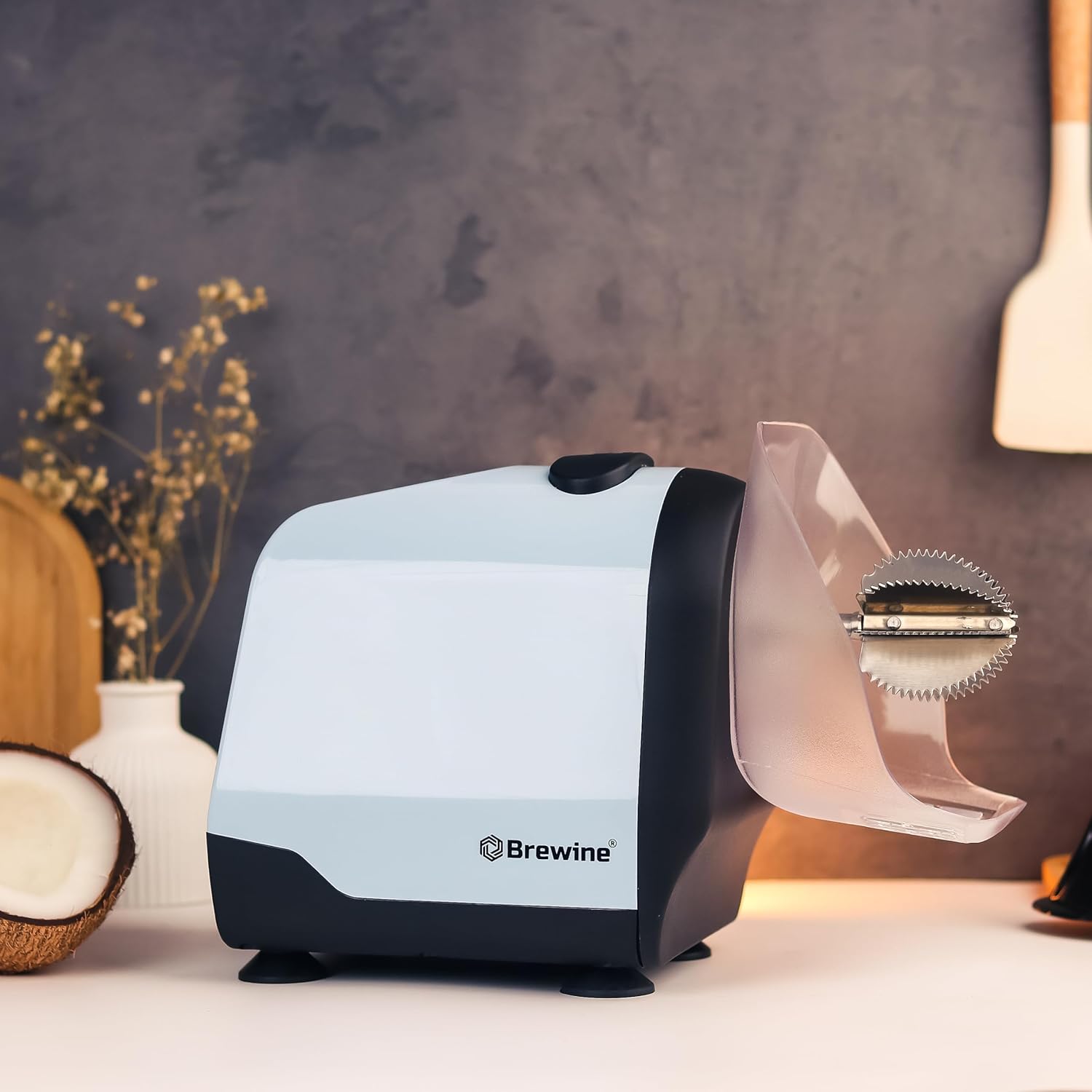 Brewine 2-in-1 Coconut Scraper & Citrus Juicer with Dual Speed Settings, Cooling Fan for Ventilation, Stainless Steel Scraping Blade, Splash Guard, Super Suction Feet for Stability, Blue, 200 Watts