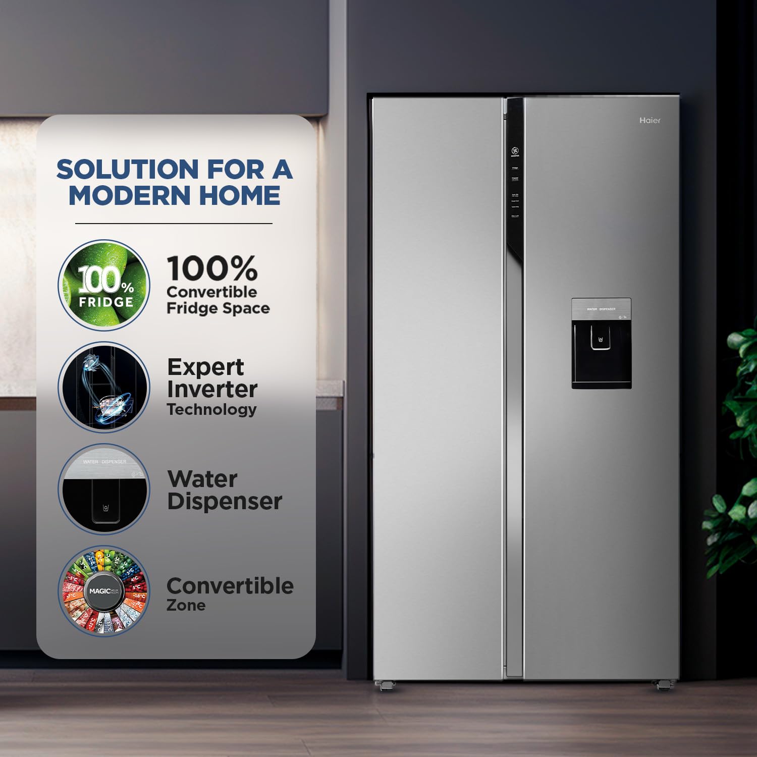 Haier 596L 2-Door Water Dispenser Side by Side Frost Free Refrigerator|Convertible|Smart Sense AI | Expert Inverter|Digital Display Panel | Deo Fresh Technology (HRS-682SWDU1, Shiny Silver)