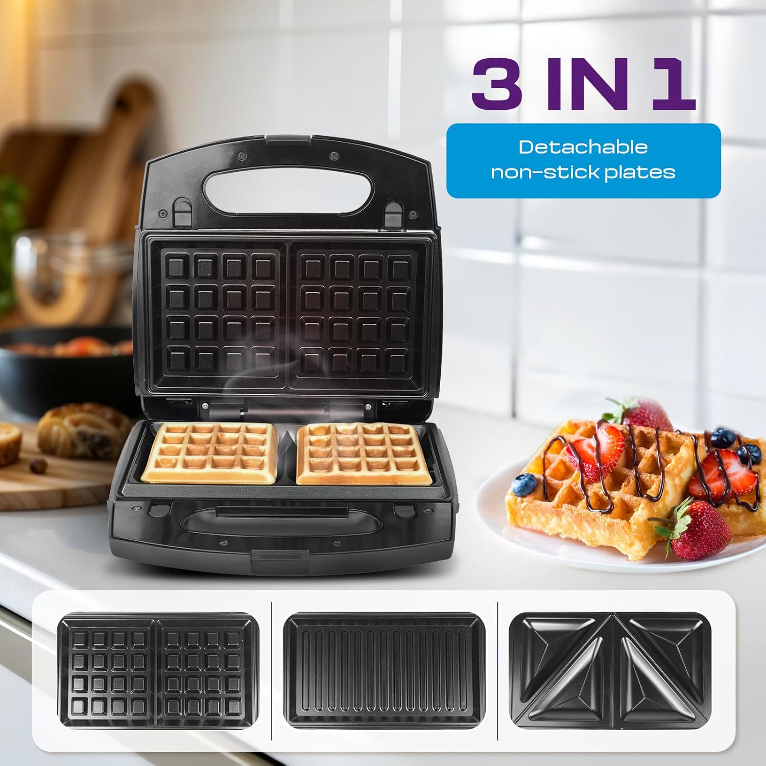 MILTON 850W Royal X 3 in 1 Electric Detachable Sandwich Maker, Bread Toaster, Panini Press Grill, Waffle Set with Removable Non-Stick Plates, Power Indicators | 1 Year Warranty, Black