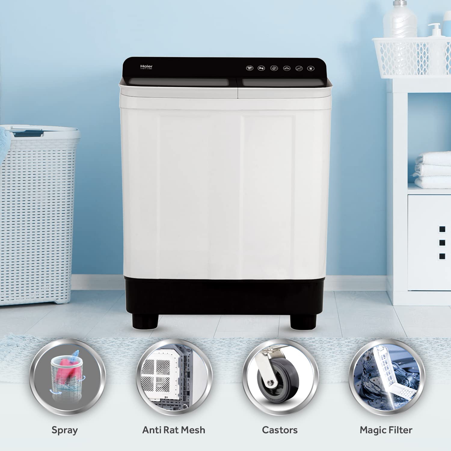 Haier 7 Kg 5 star SEMI Automatic Top Loading Washing Machine HTW70-178BKN, Black, Anti Bacterial anti bacterial vortex Pulsator,2024, Magic Filter, 1300 RPM & Castors)