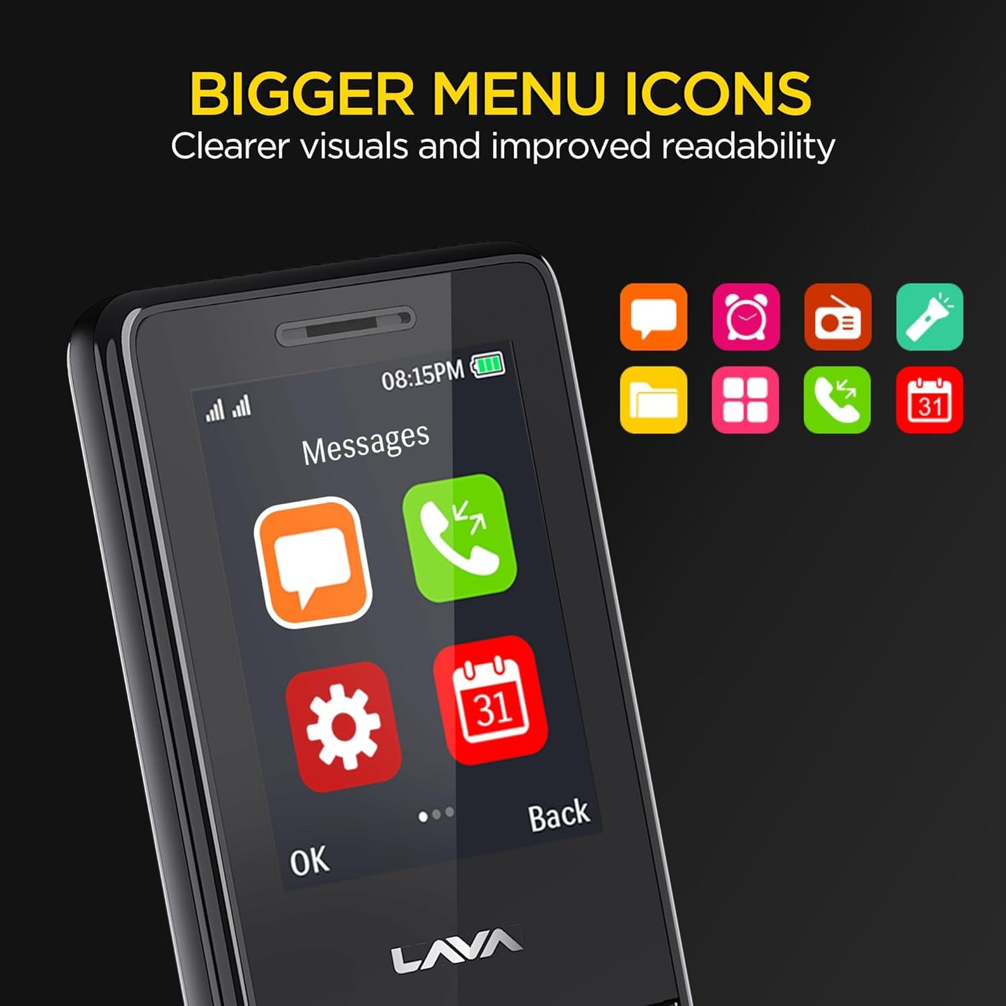 Lava A5 (2025) Dual SIM Keypad Mobile with 2.4'' Big Display | UPI Support, 1200mAh Battery | BOL Feature | Camera | Auto Call Recording | Glass Finish | and 7 Regional Languages - Black