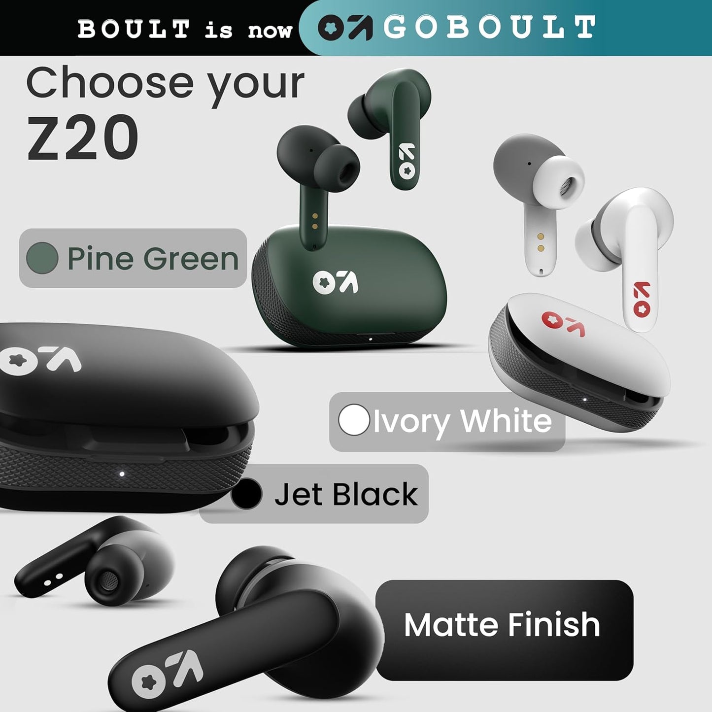 Boult GOBOULT Z20 Truly Wireless Bluetooth Ear Buds with 51H Playtime,Zen Calling ENC Mic,Made in India,Low Latency Gaming,Touch Controls,Rich Bass Drivers,TWS Earbuds Bluetooth Wireless(Pine Green)