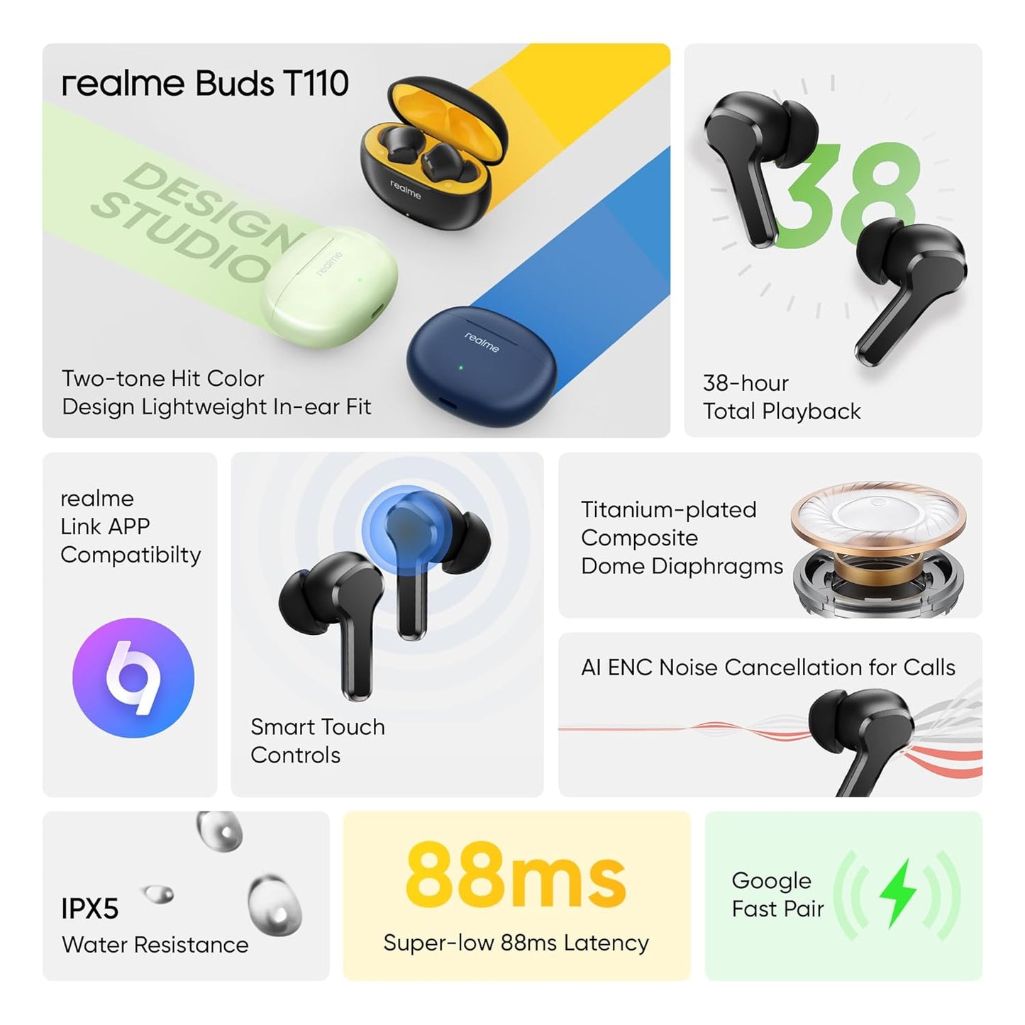 realme Buds T110 Bluetooth Truly Wireless in Ear Earbuds with mic, AI ENC for Calls, Google Fast Pair, 38 Hours Total Playback with Fast Charging and Low Latency Gaming Mode (Punk Black)