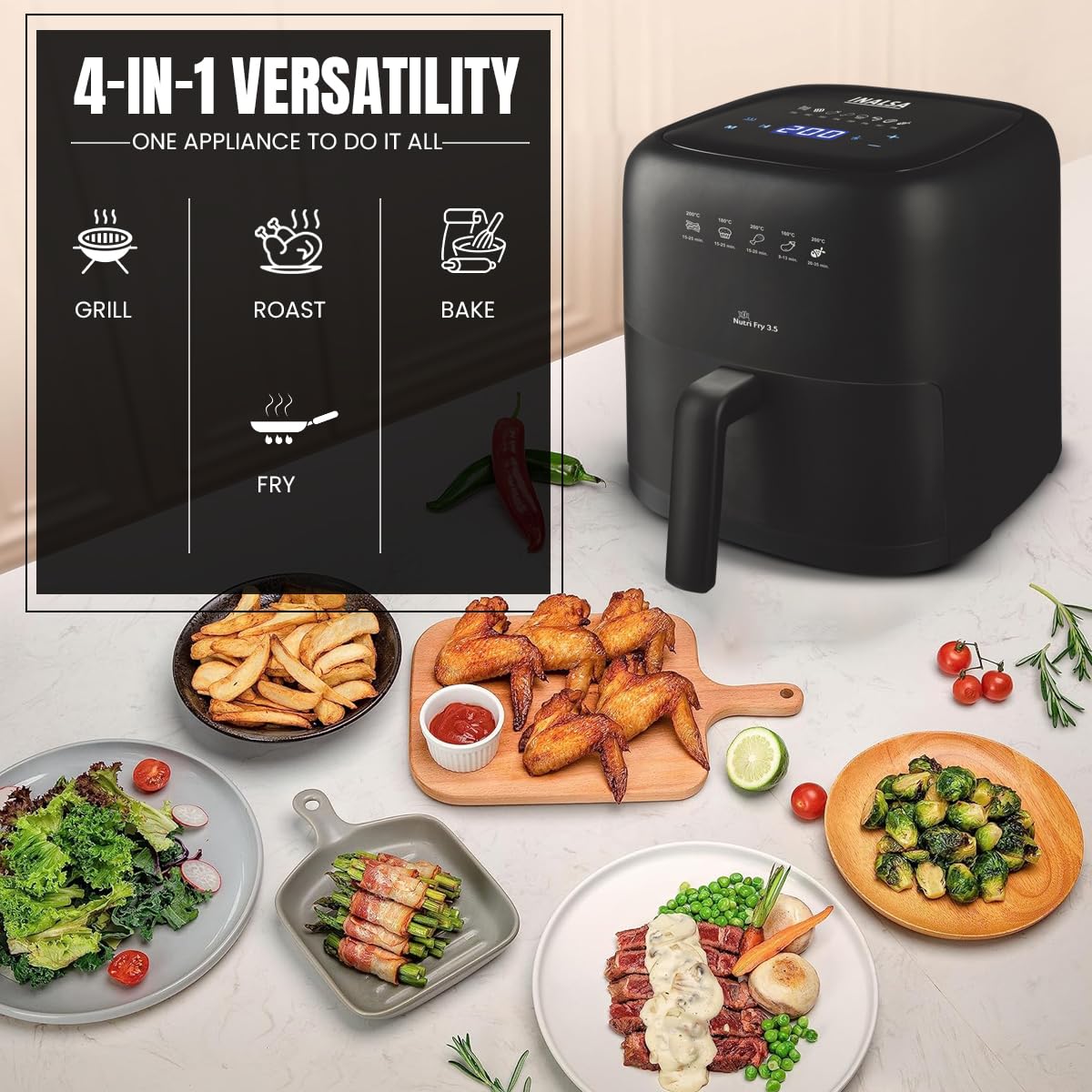 INALSA Air Fryer 3.5 ltr|1400 W with Air Crisp Technology|Temperature & Timer Control|8 Preset Menu & Digital Display|Air fry, Bake,Roast,Reheat,Dehydrate|Airfryer Recipe book-NutriFry 3.5