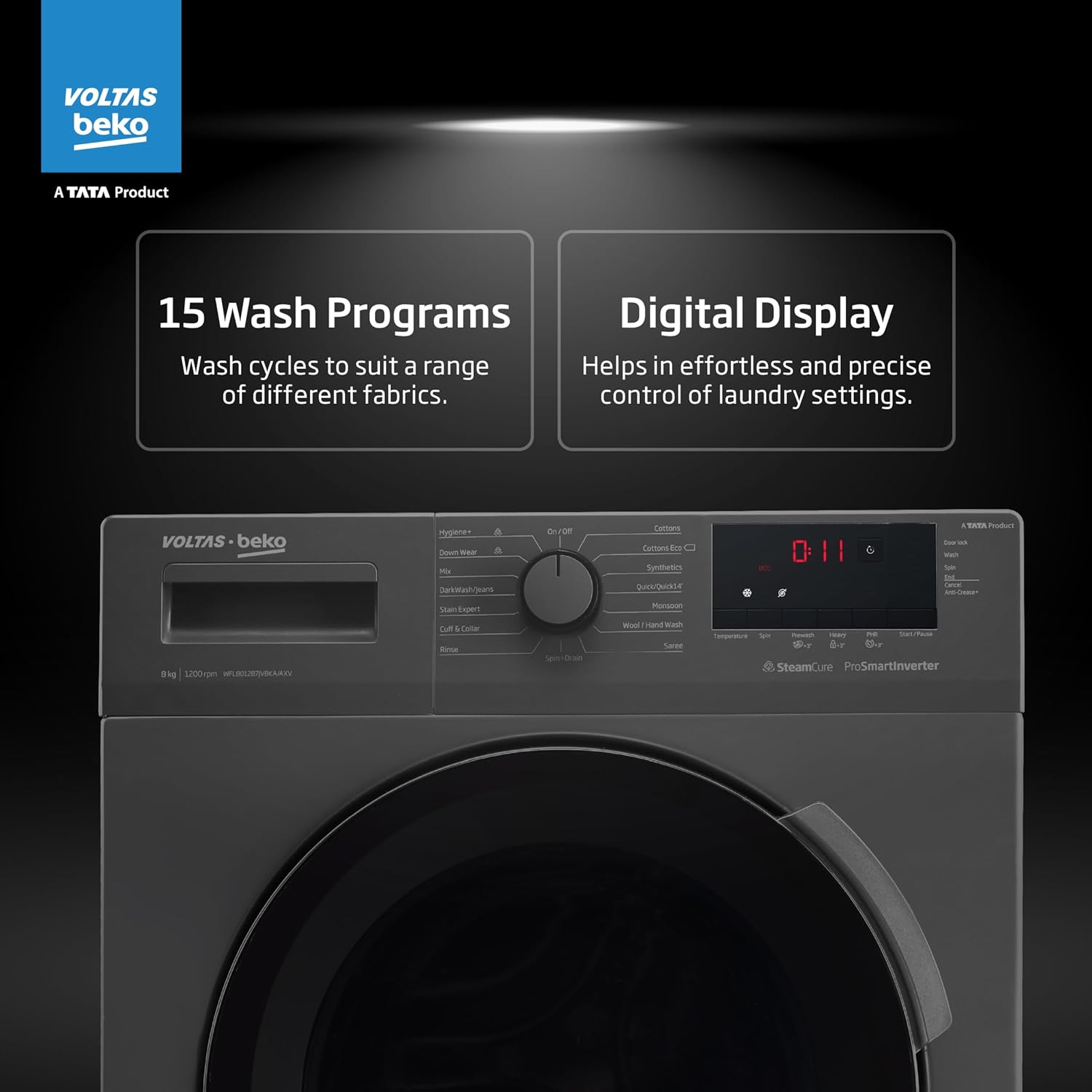 Voltas Beko, A Tata Product 8 Kg 5 Star Inverter Quick wash Fully-Automatic Front Loading Washing Machine (WFL8012B7JVBKA/AXV, Anthracite, In buit Heater/Hygiene steam)