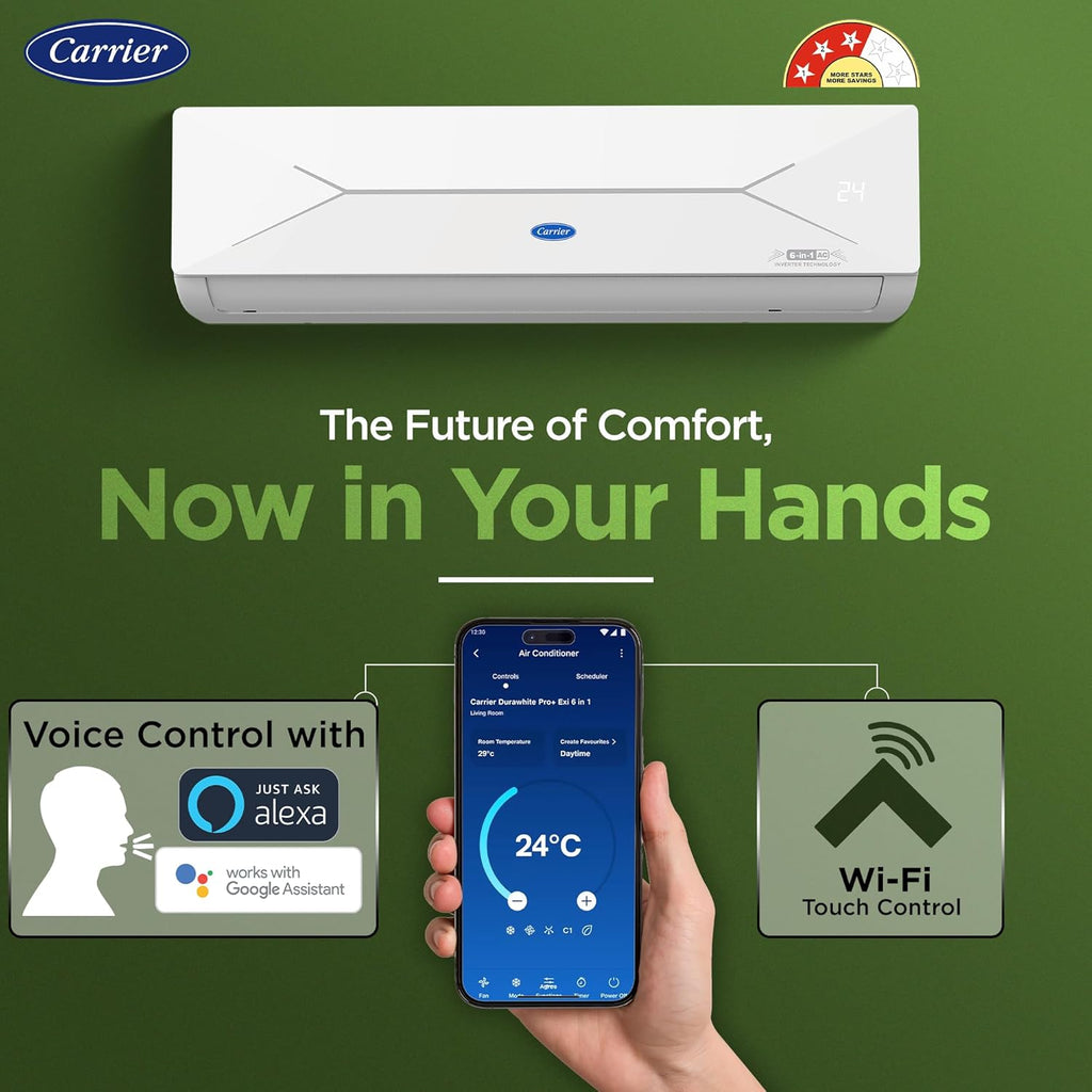 Carrier 1.5 Ton 3 Star Wi-Fi Smart Flexicool Inverter Split AC (Copper, Convertible 6-in-1 Cooling,Smart Energy Display, HD & PM 2.5 Filter, ESTER EDGE FXi (Wi-Fi), CAI18EE3R35W0,White)