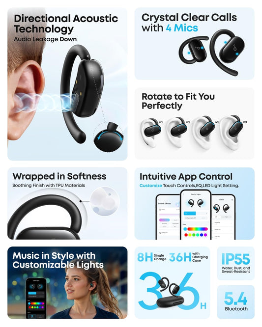 soundcore V20i by Anker Open-Ear Headphones, Adjustable Ear Hooks, Ultra-Comfort, Snug Fit, 16mm Drivers, 4 Mics, IP55, LED Lights, 36H Playtime, Fast Charging,Bluetooth 5.4, Multipoint Connection